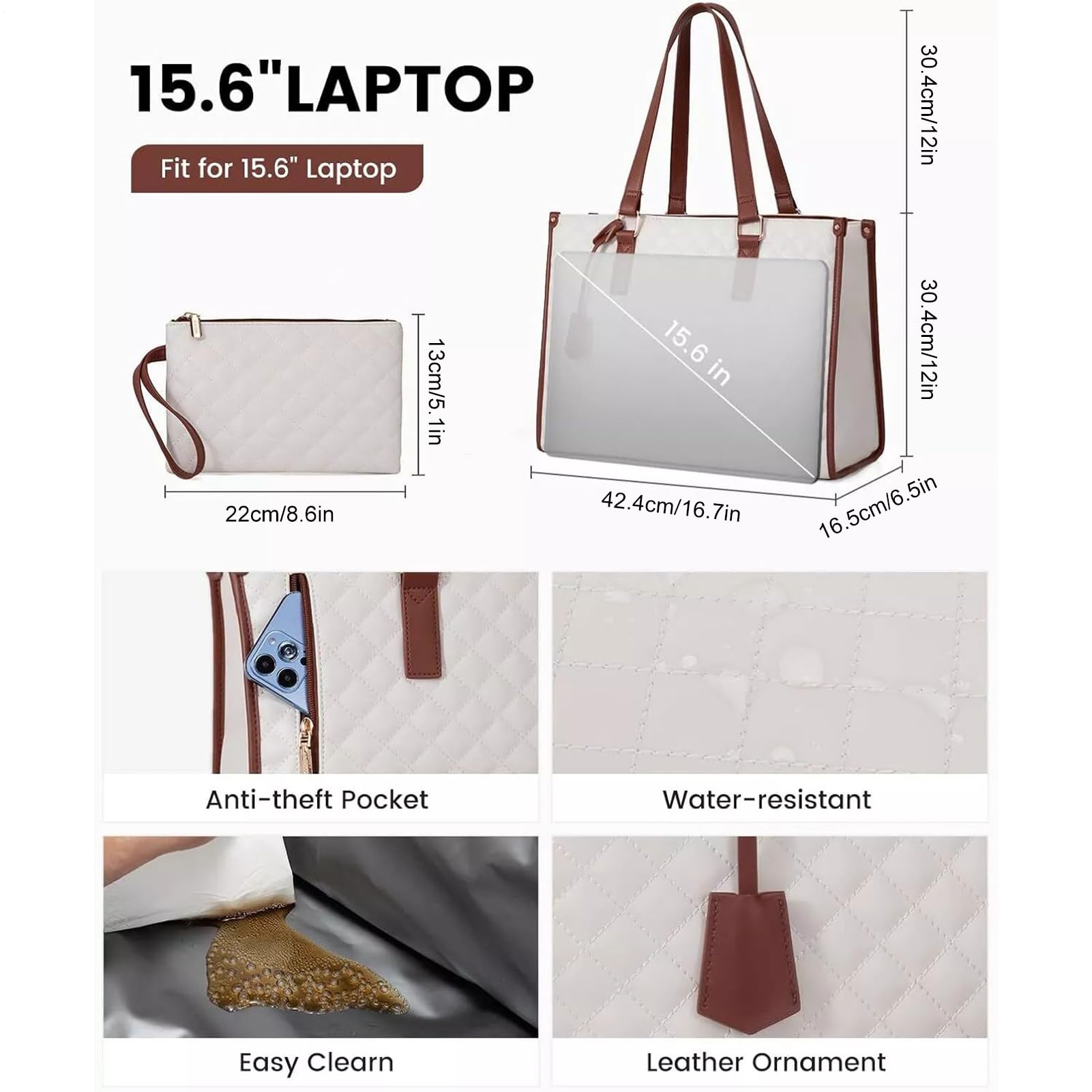 Sac pour ordinateur portable pour femme avec compartiment à déjeuner isotherme, sac à main pour ordinateur portable 15,6", grand sac de travail, sac de travail, sac à bandoulière en cuir, sac à