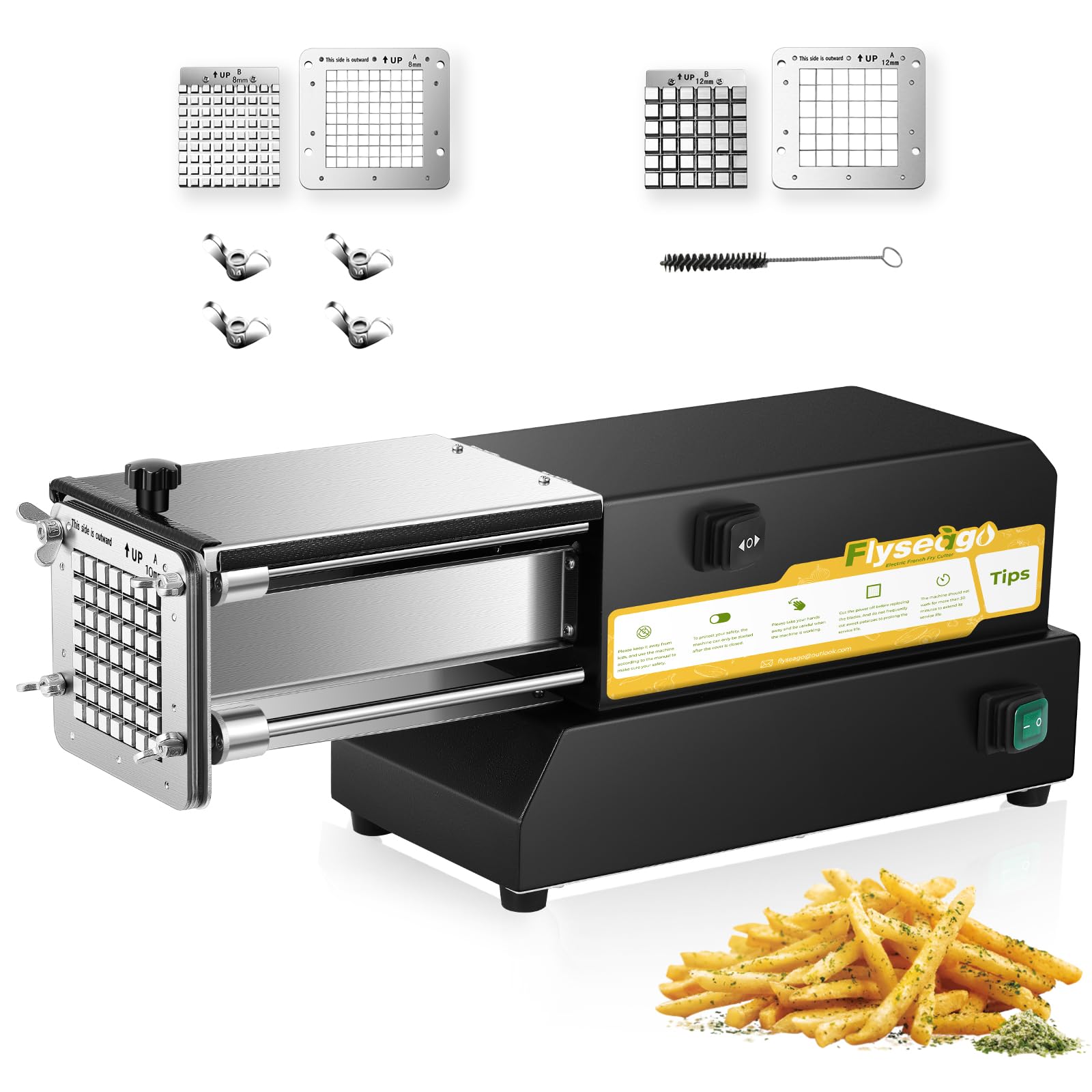 Flyseago French Fry Cutter Electric Potato Cutter Stainless Steel Professional With 2 Blades For Commercial, Home Use & Cucumbers, Carrots, Sweet Potatoes, Black