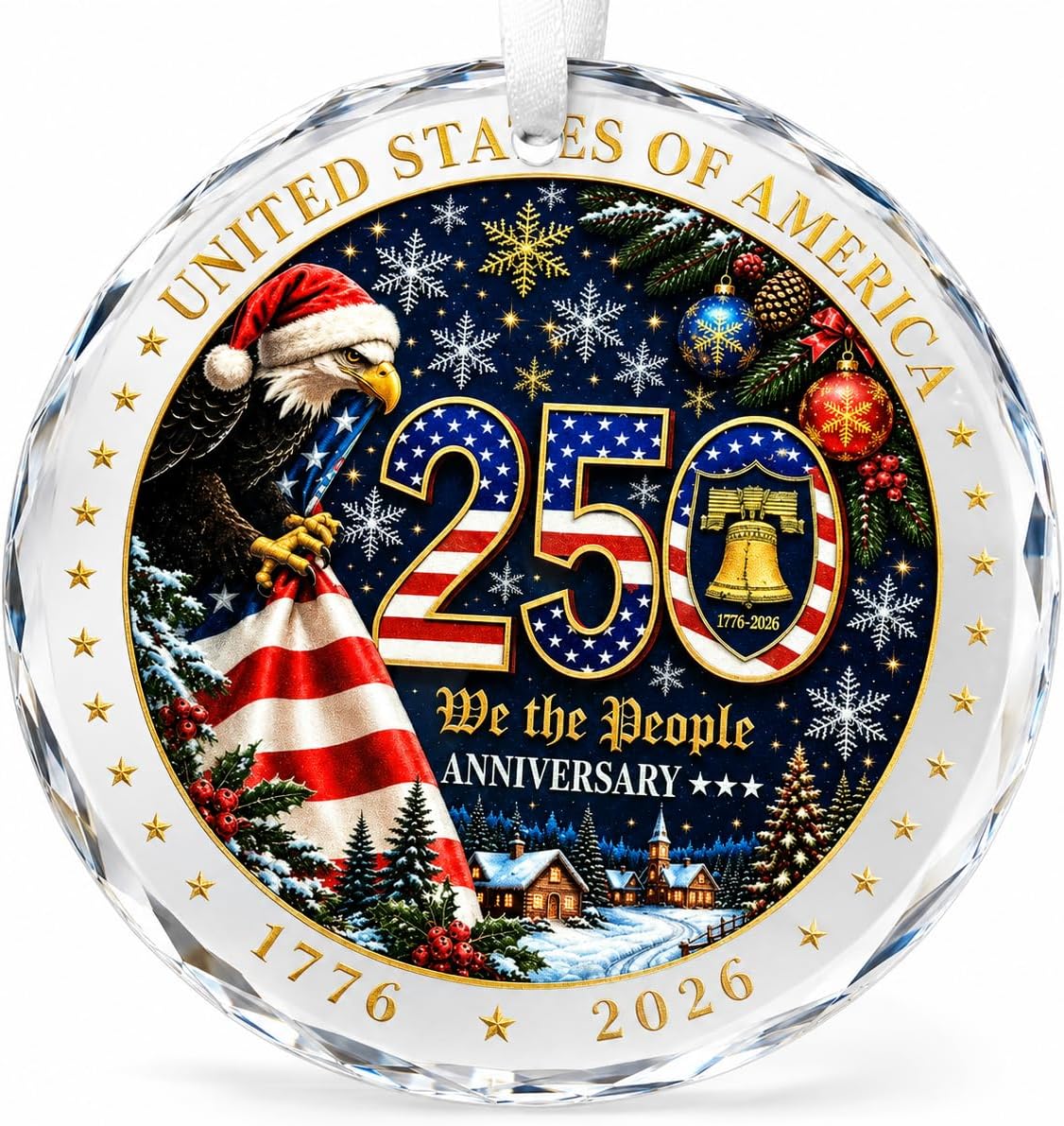 250th Anniversary USA Crystal Ornament, 2D Style, 1776-2026 Patriotic Christmas Hanging Decor, Gift for US Citizens (Eagle-250)
