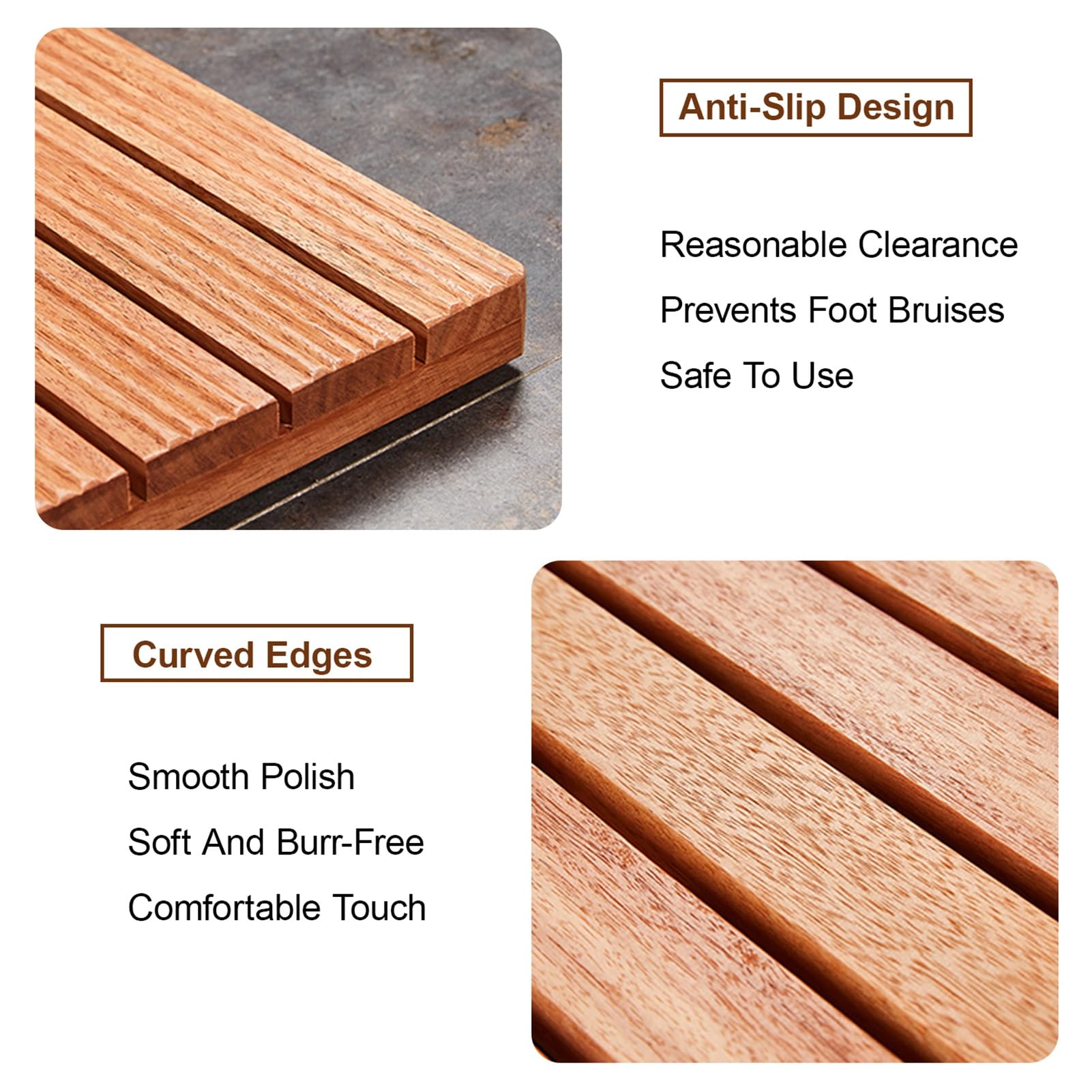 Rutschfeste Lar Teak-Duschbodenmatte mit Ablaufloch, 30 x 55 cm, Badematte für Innen- und Außenbereich, Wellnessbereich, Holz-Duschmatte für Badezimmer und Hof