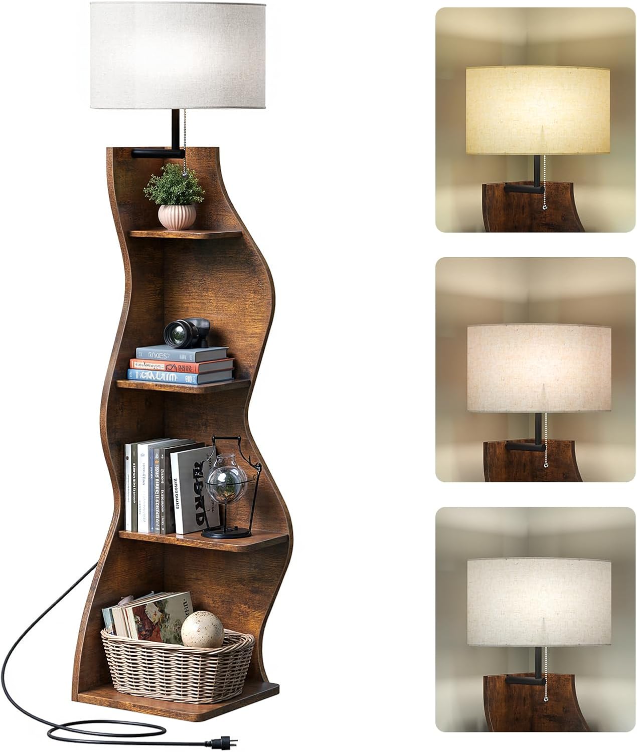 Evermagin 4 Tier Corner Shelf with Light, 64'' Tall Corner Bookshelf with Unique Shape, Stylish Wavy Bookcase Tower with Storage Organizer for Small Space, Living Room, Bedroom (Rustic Brown)