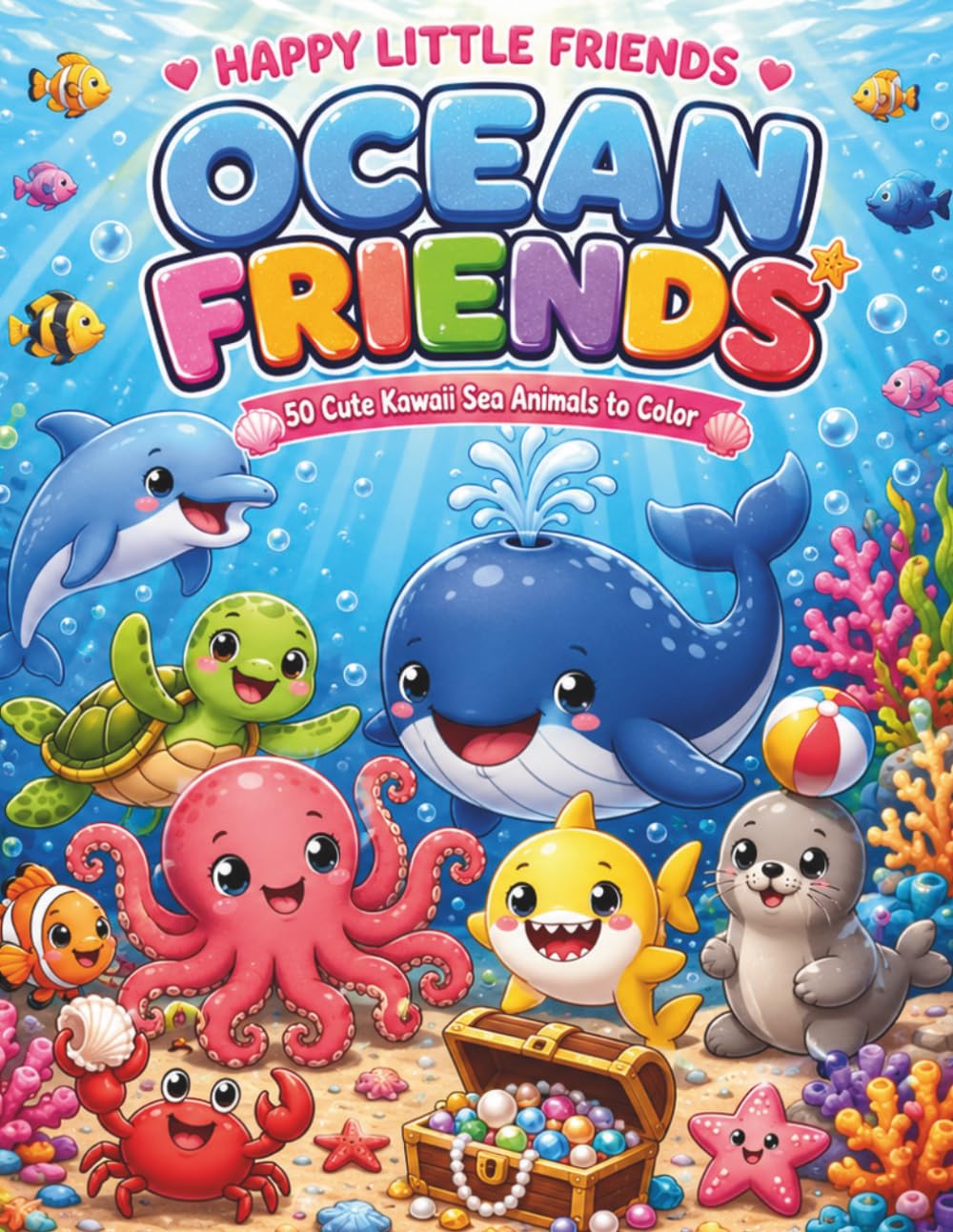 Happy Little Friends: Ocean Friends: 50 Cute Kawaii Sea Animals to Color