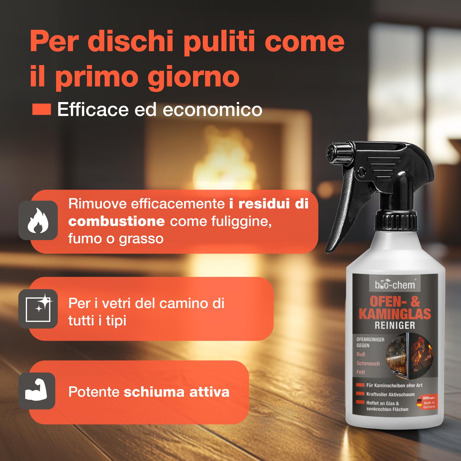 bio-chem Detergente vetro camino stufa inserto 3x 500ml + panno microfibra | Pulitore vetri e caminetti, anche per forno - Manutenzione delle superfici vetrate degli apparecchi riscaldanti