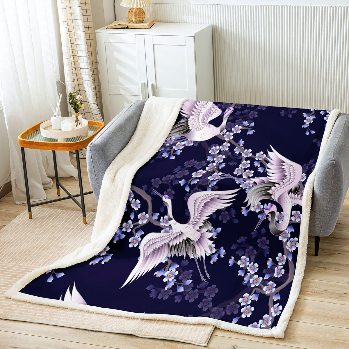 Homemissing Boys Multicolored 28 Cranes Fleece Throw Blanket Japanese Ukiyoe Sherpa Blanket Kids Girls Branch Cherry Blossoms Fuzzy Blanket For Sofa Bed Luxury Ink Blue Japanese Exotic Style,Double 60X79 Inch