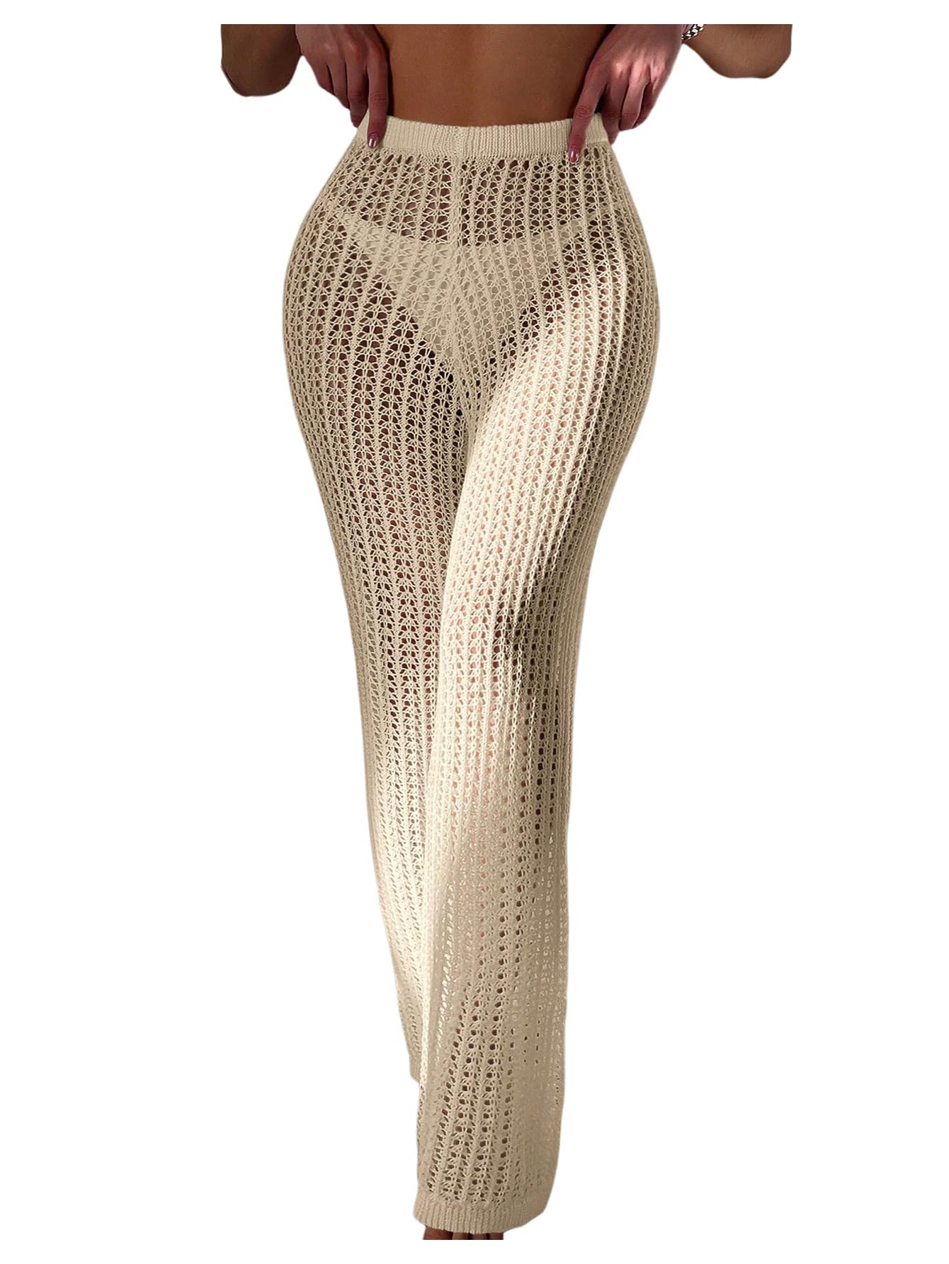 OYOANGLE Womens Crochet Cover Up Hollow Out See Through Beach Pants Bathing Suit Coverups