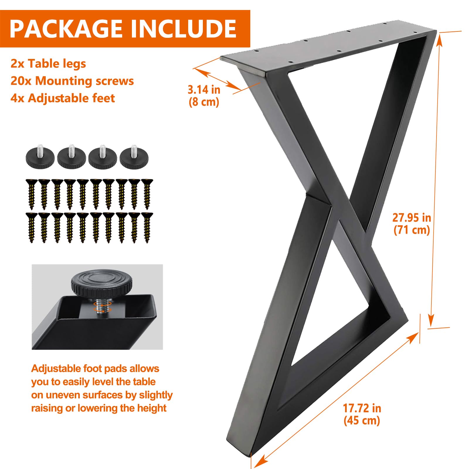 Homtone Juego de 2 Patas de Mesa de Metal Resistente, Patas industriales rústicas para Muebles DIY, Patas para Mesa de café, Escritorio, Barra de Desayuno o Banco (H71 x W45cm - Forma X)
