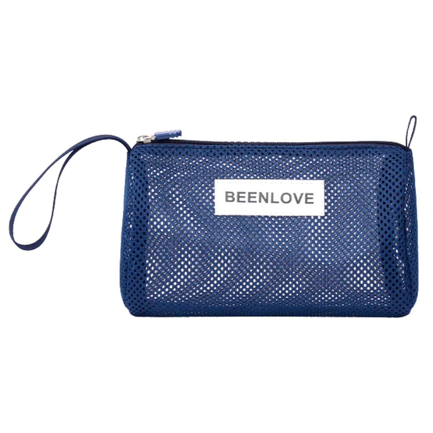 Mesh Clutch Beach Bag with Zipper | Large Capacity Travel Pouch | Breathable Mesh Makeup & Cosmetic Organizer | Wristlet Toiletry Bag for Beach, Pool & Vacation (Navy Blue)-image-6