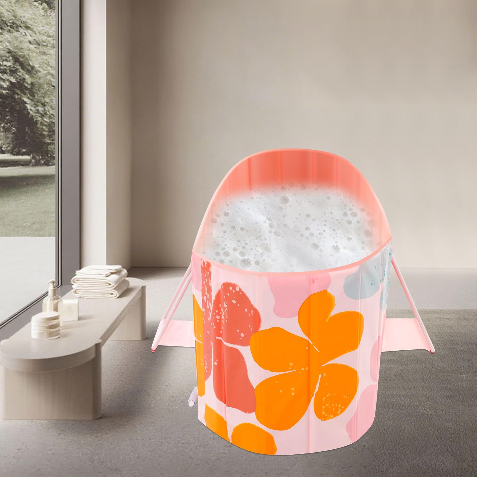 Składana wanna dla dorosłych, 150 x 55 x 50 cm, przenośna wanna spa z 2 otworami odpływowymi, mobilna wanna rodzinna, składana, bez montażu (kolor różowy)