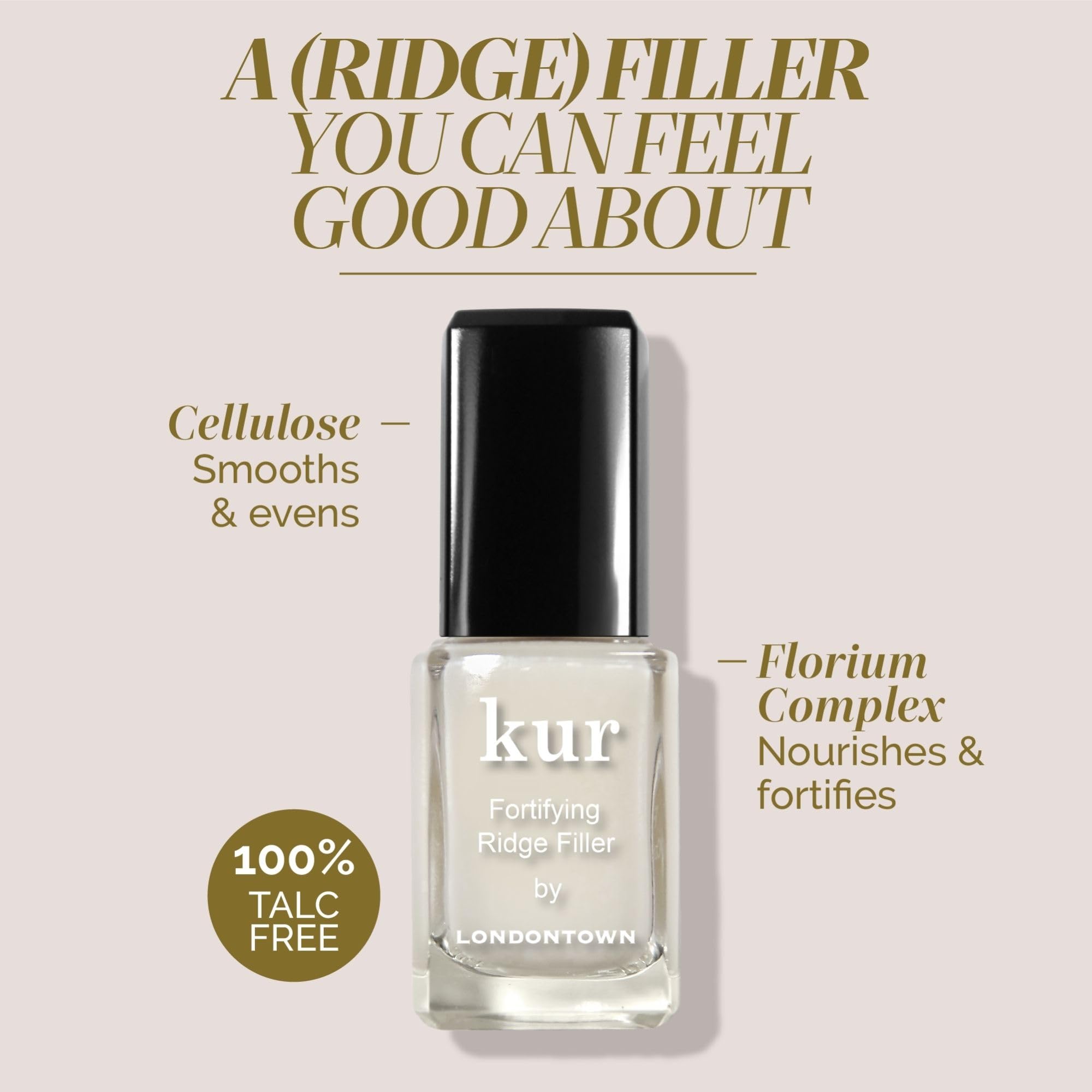 LONDONTOWN Kur Nail Ridge Filler – più liscia – rinforzante – riempitivo per unghie irregolari danneggiate – base fortificante, autolivellante, vegano, cruelty free, senza parabeni, trasparente, 11,8