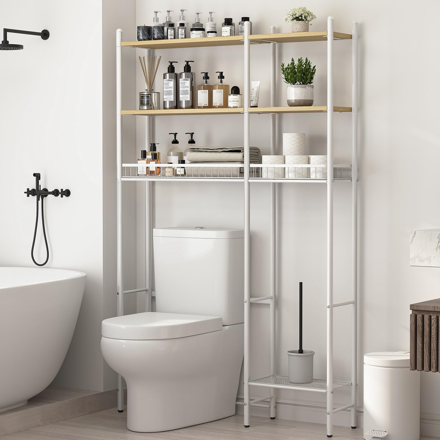 Extra Wide Over The Toilet Storage - 37.5" W, 4-Tier Over Toilet Bathroom Organizer with Extra Side Shelf and 2 Drain Baskets, Space Saver Storage for Bathroom, Balcony, Living Room White