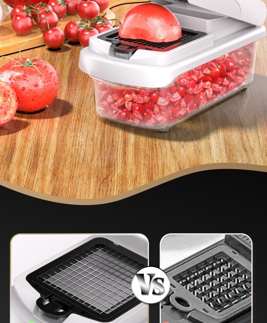 15-in-1 Vegetable Slicer and Chopper Set, Kitchen Food Cutter with 7 Stainless Steel Blades, Black and Green (Black Lid + White — 14 Pieces)