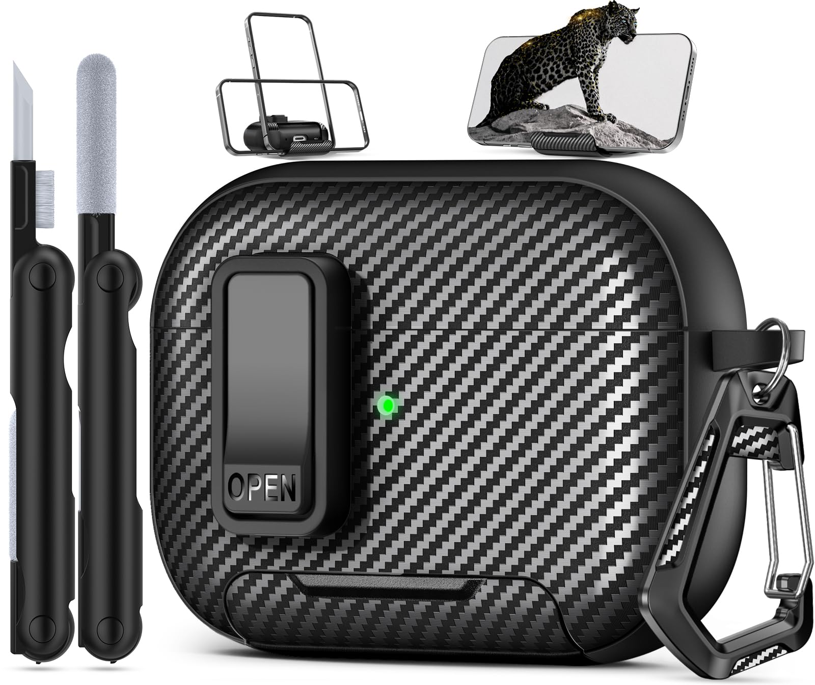 joremx Compatible with AirPods Pro 2nd Generation Case with Phone Stand,（with Lock Clip） Carbon Fiber Design Protection Cover for Airpods Pro 2nd/1st