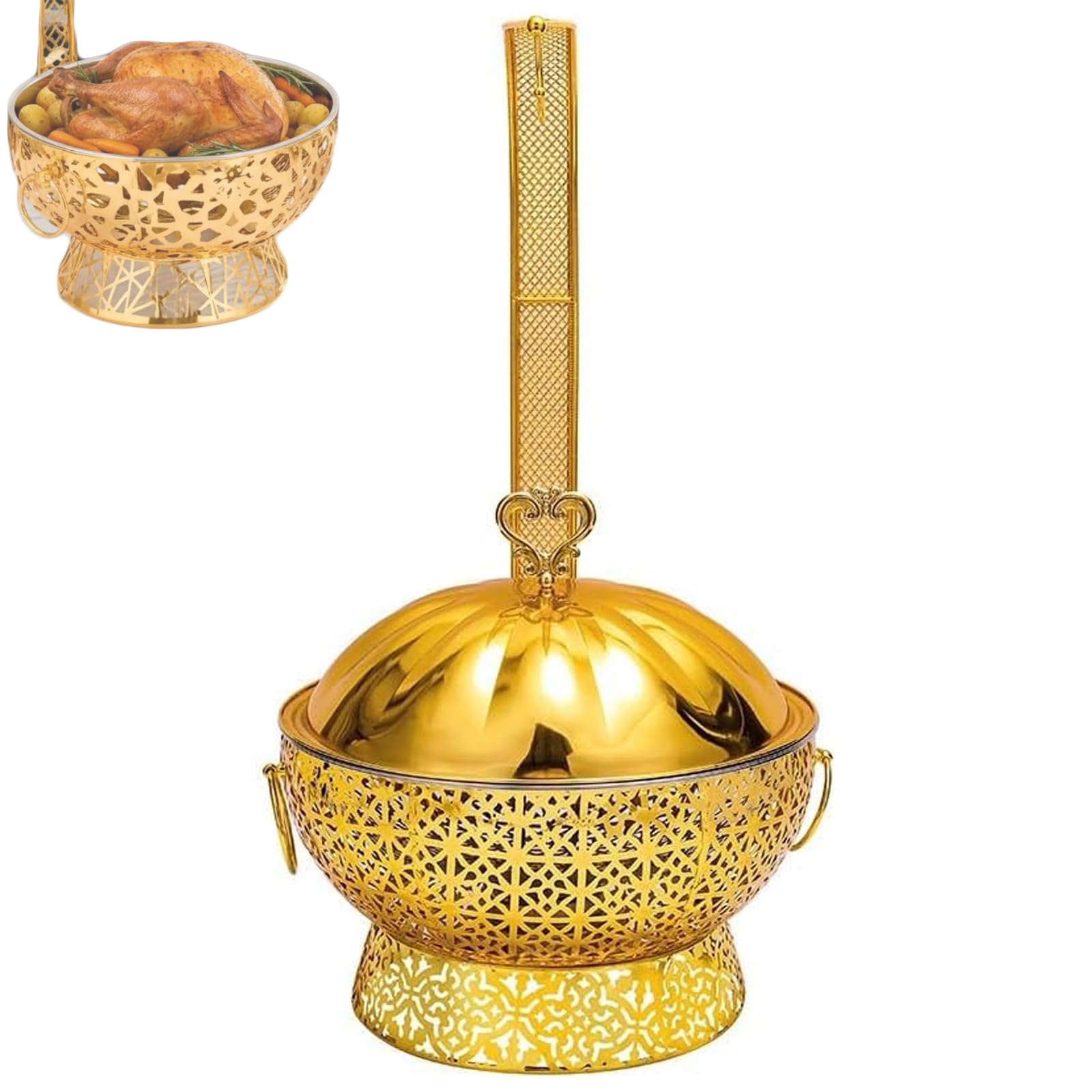 Juego de platos redondos de acero inoxidable, 8 cuartos de galón, elegante hueco, soporte para combustible de alcohol y asas de tacto frío para fiestas, Navidad, eventos de catering