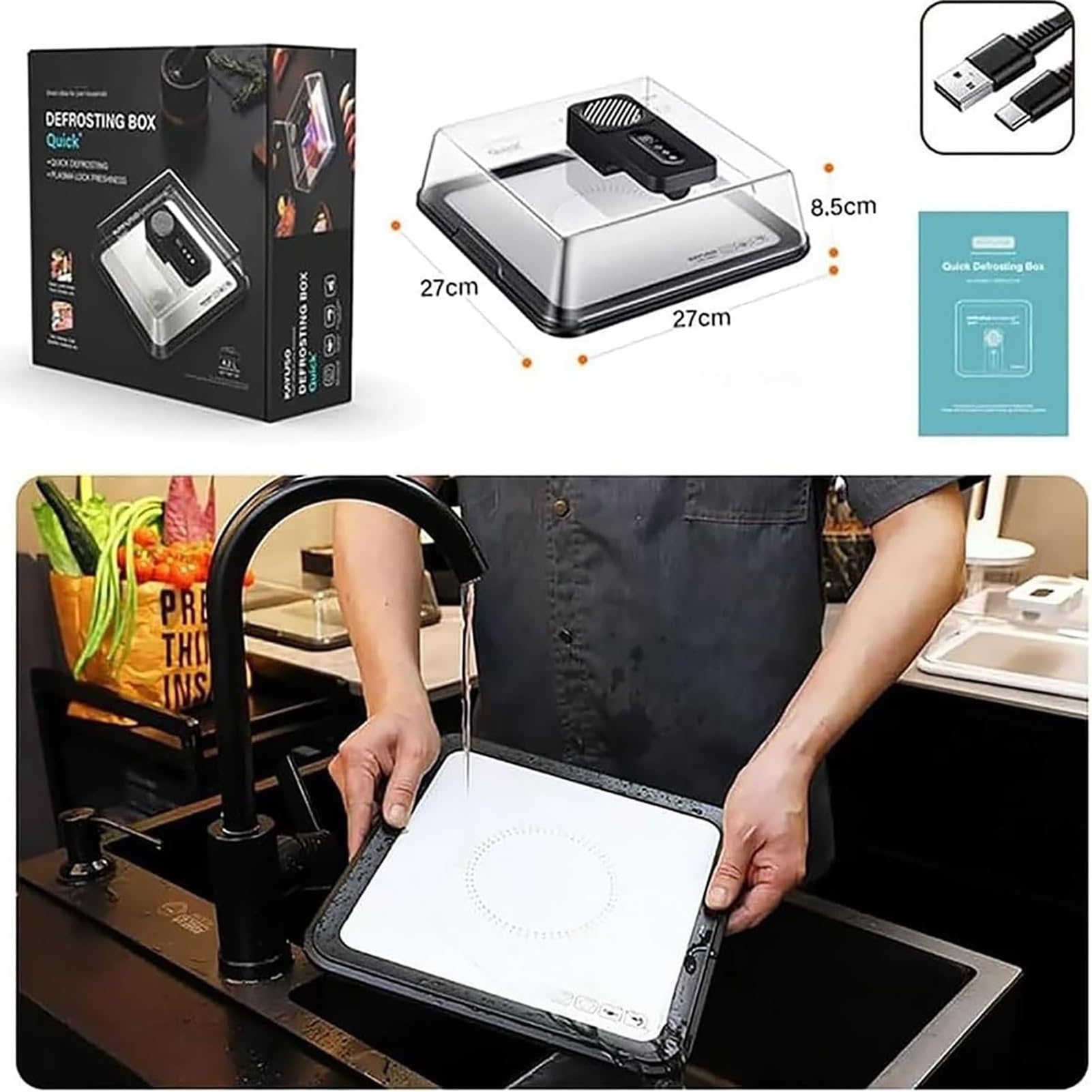 Bandeja de descongelación para carne congelada, tabla de descongelación recargable por USB con tapa, caja de descongelación eléctrica para filetes, pollo, pescado y camarones, rápida y eficiente