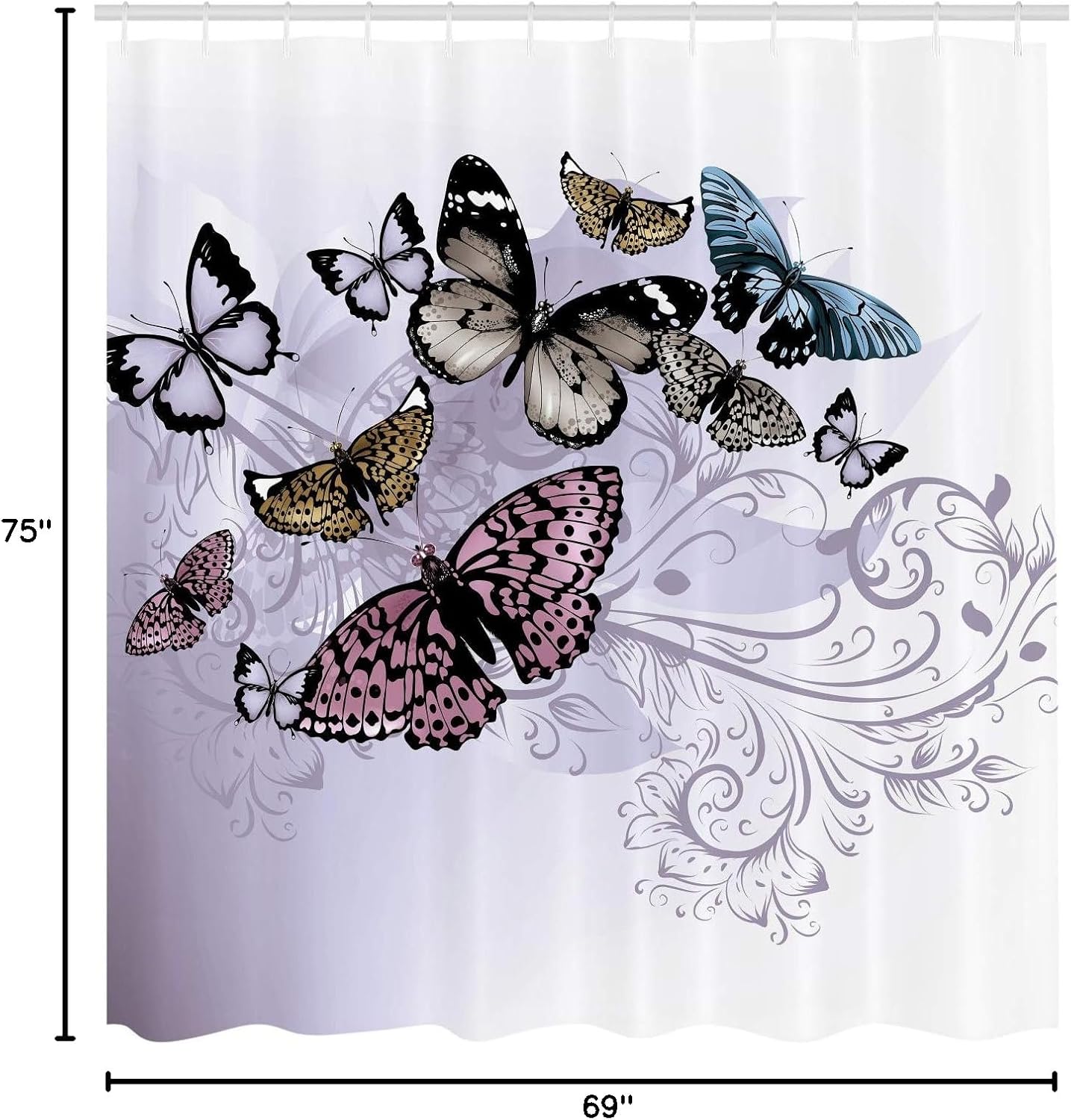 Ambesonne Butterfly Shower Curtain, Monarch Butterflies Vintage Damask Inspired Design, Cloth Fabric Bathroom Decor Set with Hooks, 75" Long, Taupe Black