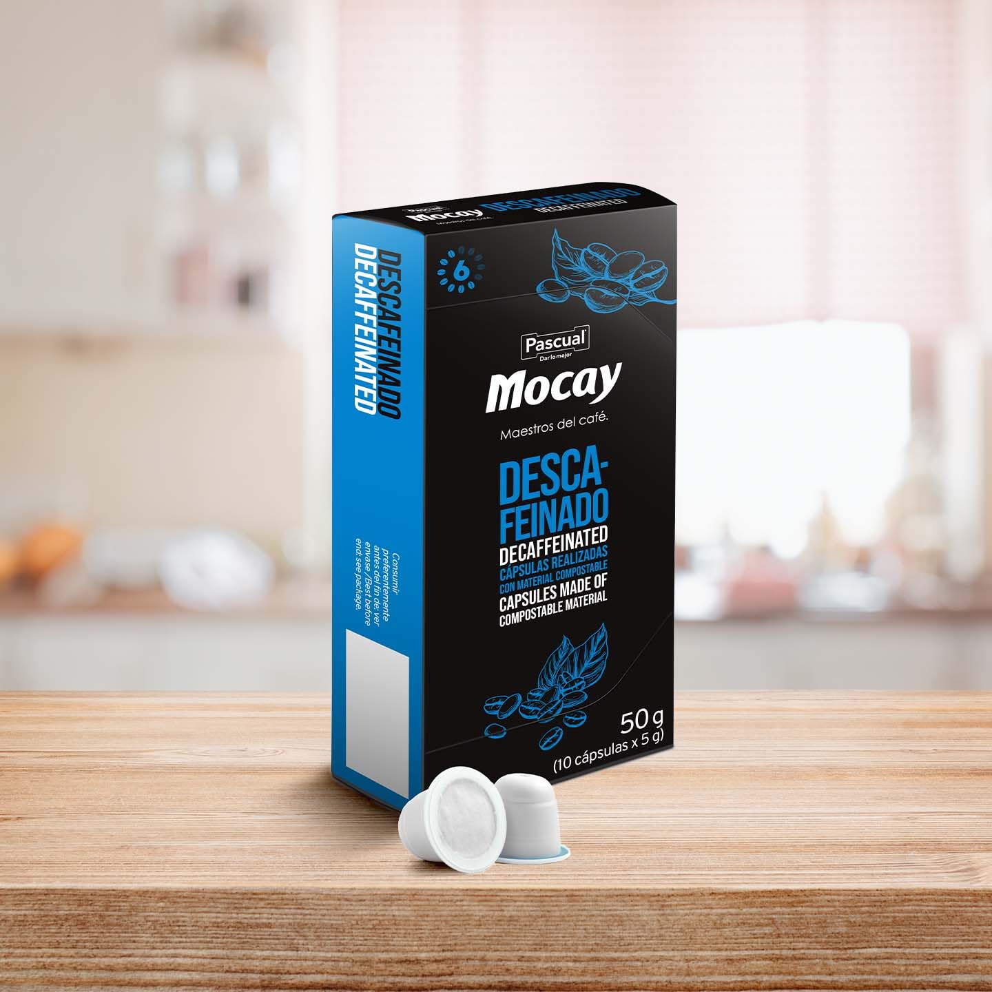 Café Mocay - Cápsulas Compatibles con Nespresso, Descafeinado, Compostables, 100% Arábica, Tueste Natural - Pack 10x10, Total 100 unidades + Llavero Mocay de Regalo.