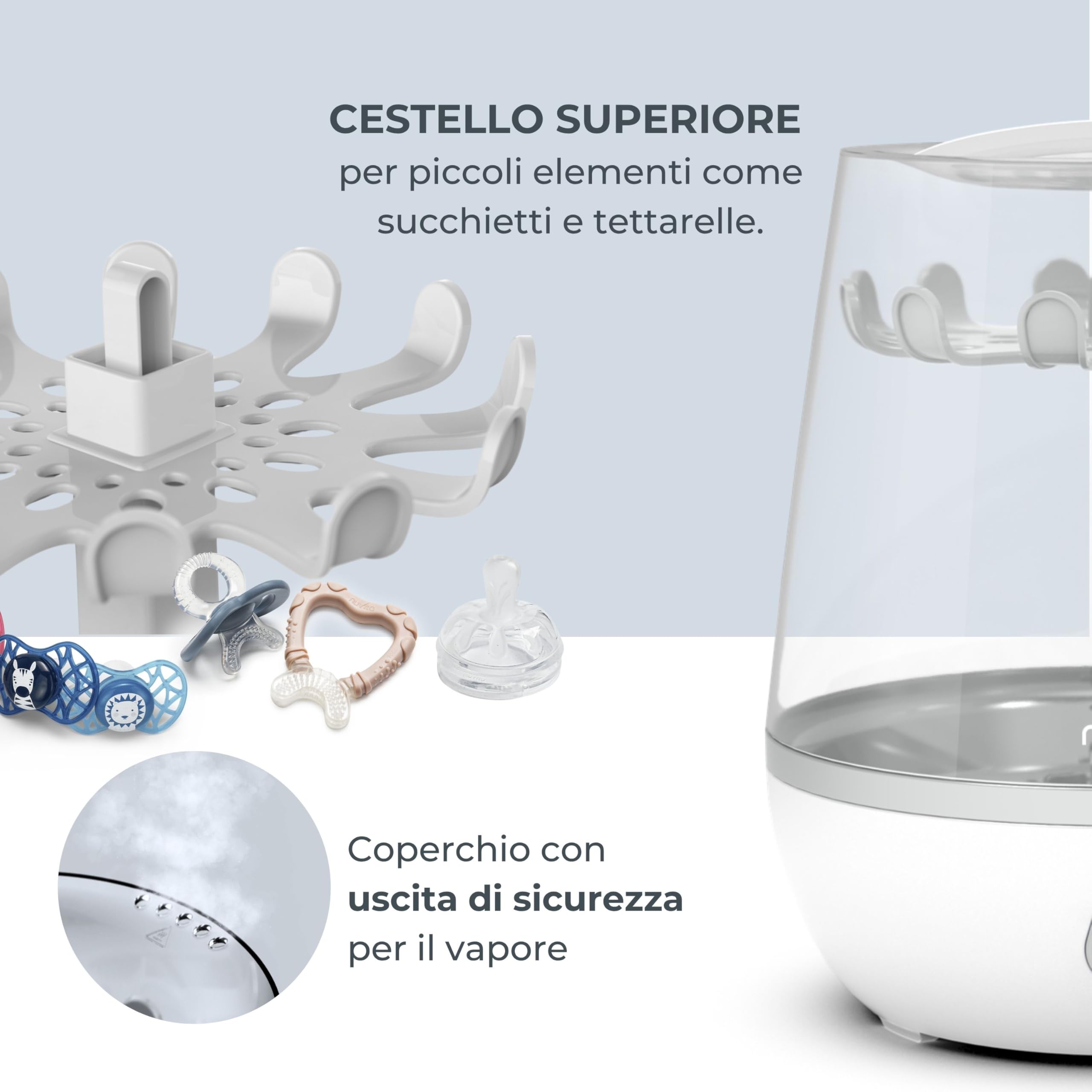 Nuvita STERIEASY 1083 - Sterilizzatore Biberon Elettrico a Vapore - Fino a 6 biberon in soli 6min - Piastra Riscaldante Acciaio Inox Facile da Pulire- Senza BPA - Design italiano