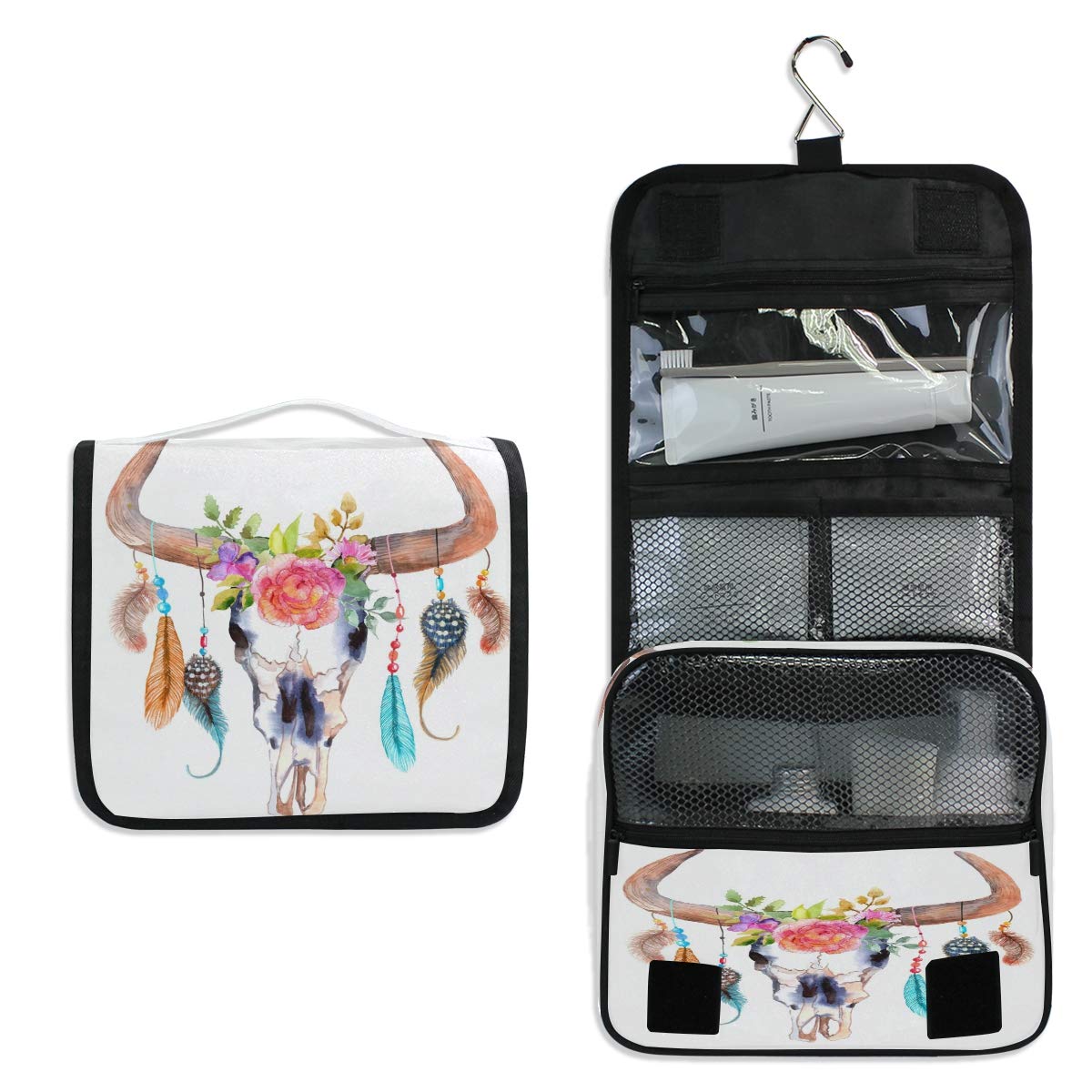 Toiletry Bag Ethnic Cow Bull Skull Feather Wash Gargle Bag Travel Portable Cosmetic Makeup Brush Case with Hanging Hook Organizer for Women Men