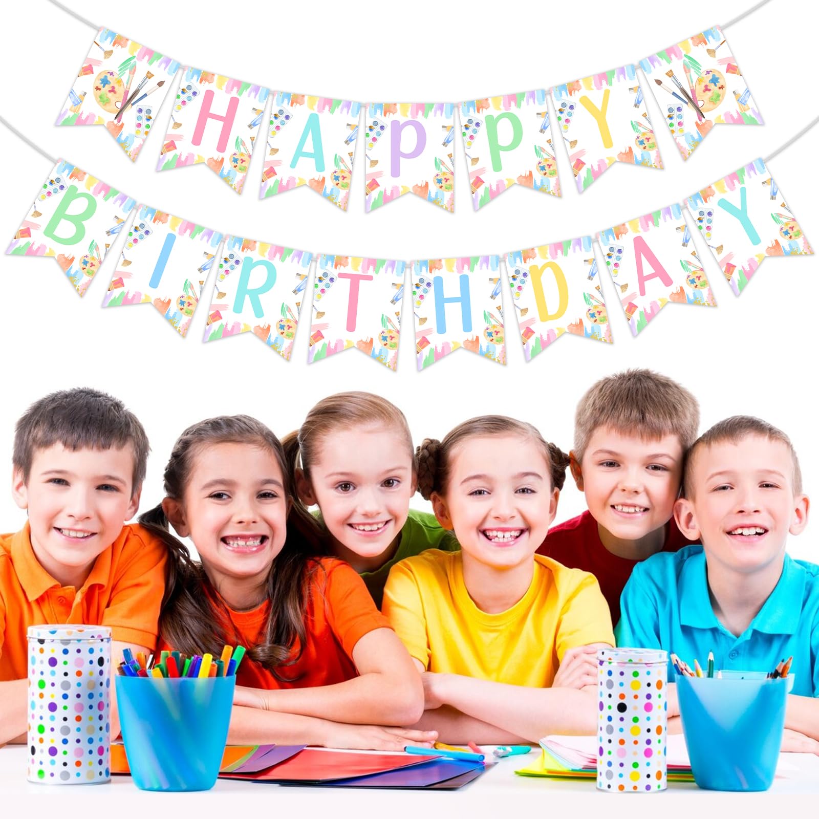 Art Party Decorations Set - Happy Birthday Banner & Paint Garland For Kids & Adult Painting Parties