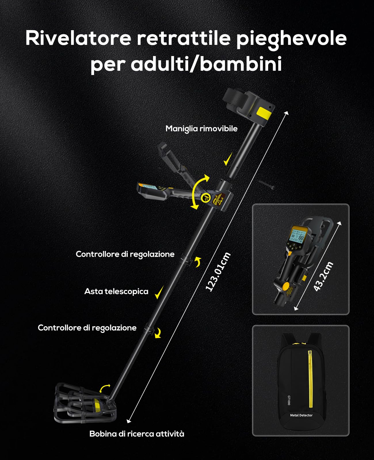 Metal Detector Professionali - 2000mAH Ricaricabile Metal Detector Oro per Adulti con Display LCD, Alta Precisione, Bobina di Ricerca IP68 Impermeabile da 10", Pieghevole e Retrattile