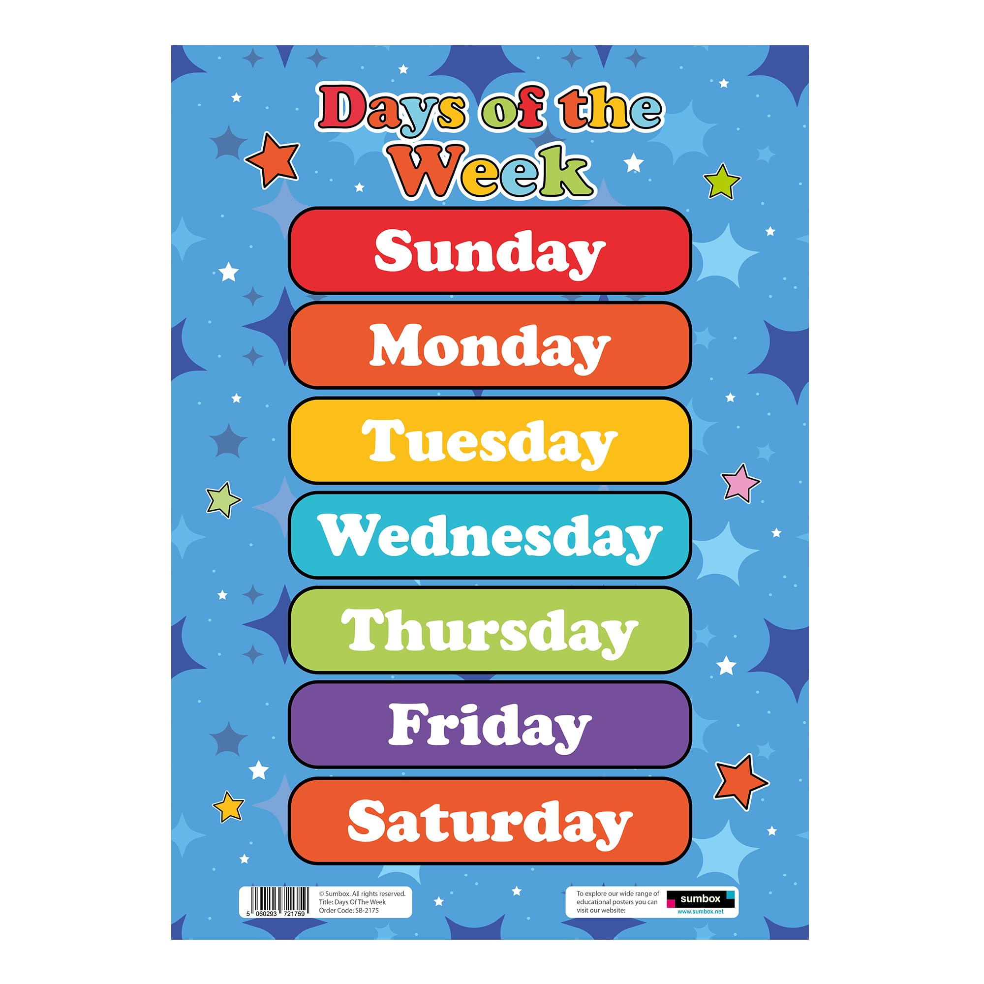 Sumbox Days of the Week Educational Poster A3 Size Time Learning Wall Chart for Classroom or Home