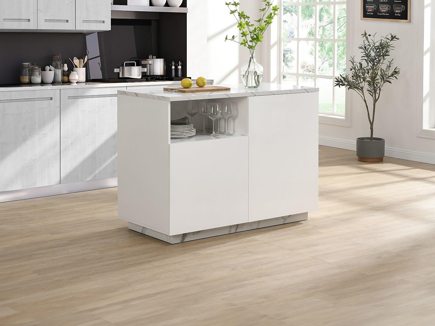 Venta-Unica - Isla de Cocina con 2 Puertas y 1 Estante de MDF - Efecto m·rmol Blanco - CORELINA