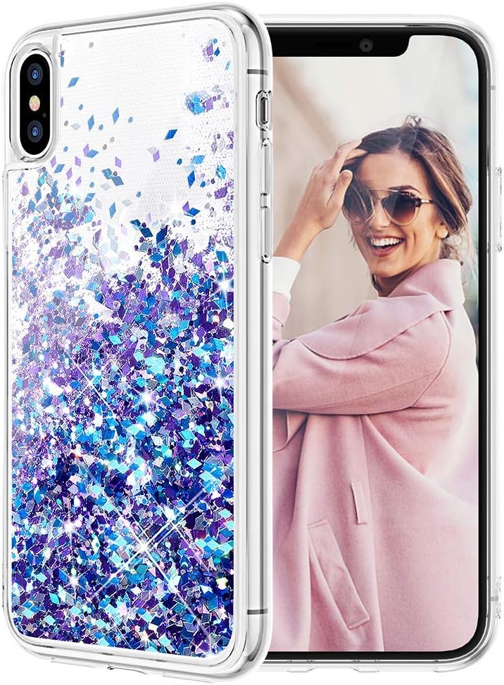 Caka iPhone X Case, iPhone Xs Glitter Case Liquid Series Girls Luxury Fashion Bling Flowing Liquid Floating Sparkle Glitter Cute Soft TPU Case for iPhone X XS (Blue Purple)