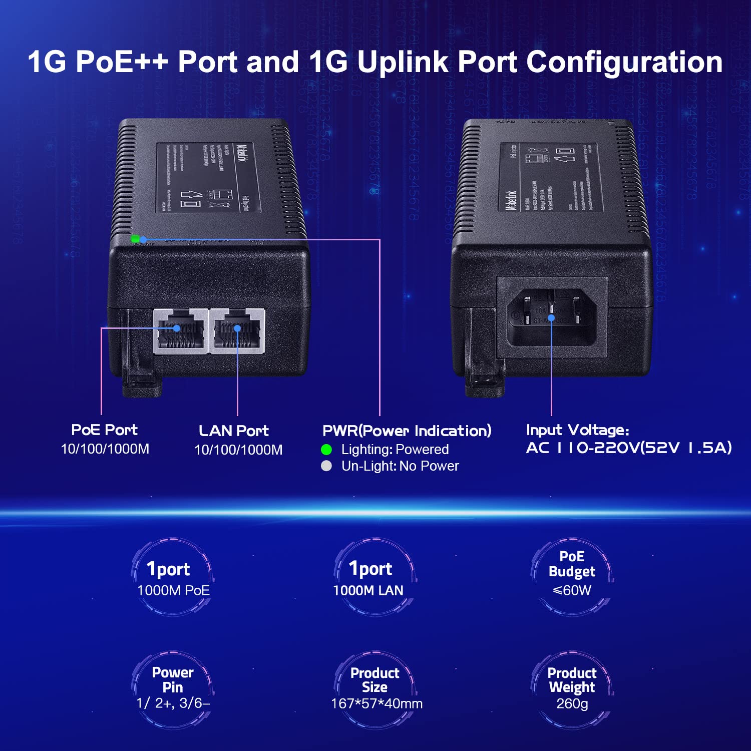 MokerLink Injecteur PoE Gigabit, 802.3af/at/BT 60W, 10/100/1000Mbps Ethernet, Plug & Play, Adaptateur Non-PoE vers PoE, Distance jusqu'à 100 mètres (328 ft.)