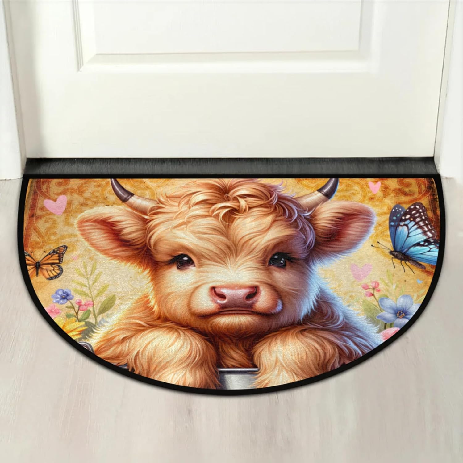 cfpolar Half Round Door Mat Vintage Alpine Cow Non-Slip Semi Circle Area Rug Washable Semi Circle Floor Rug for Indoor Outdoor Living Room Bathroom Kitchen Patio Hearth Rugs Home Decoration