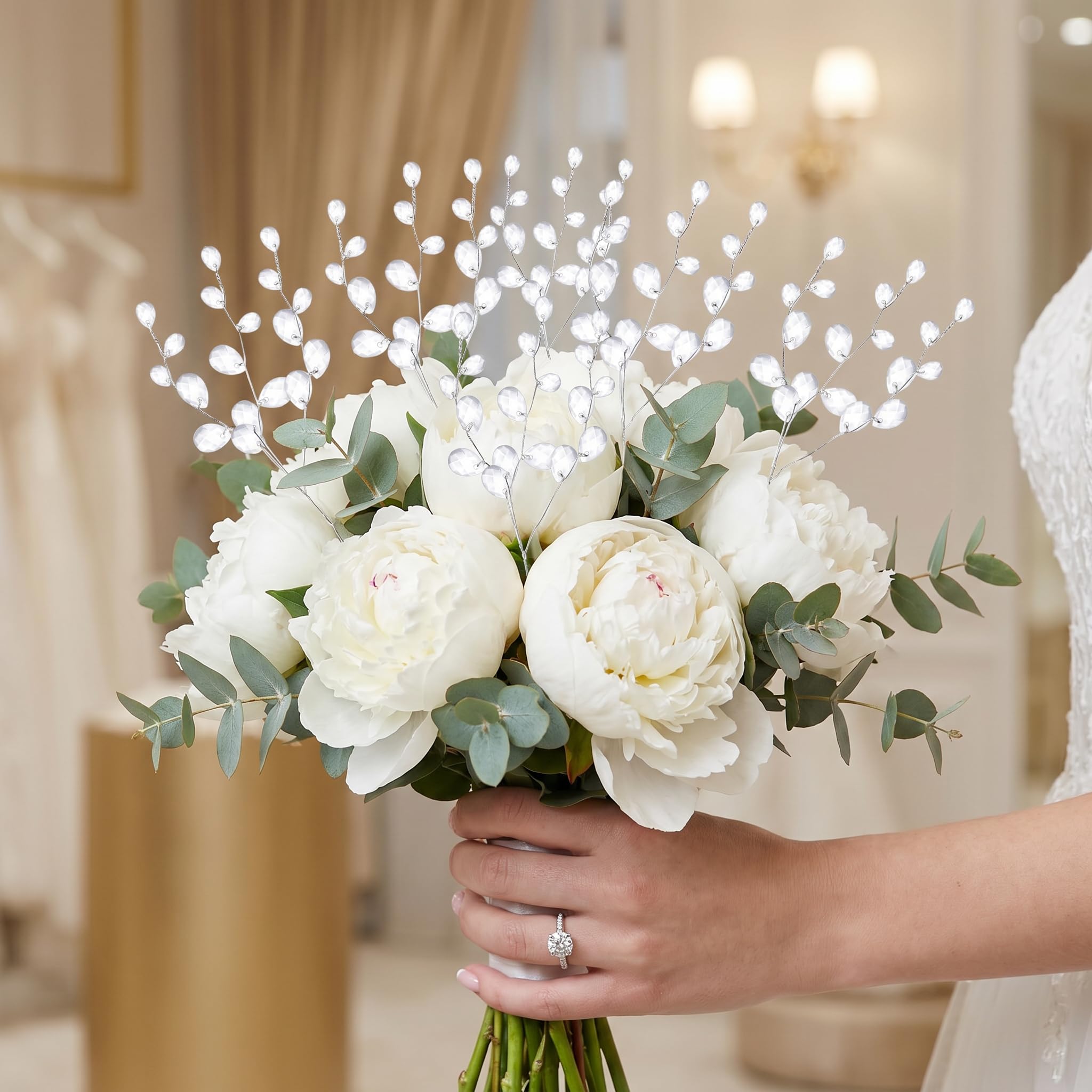 VOSAREA 50 tallos artificiales ramos de cuentas de acrílico gotas de flores para bodas, manualidades (blanco, 17 cm)