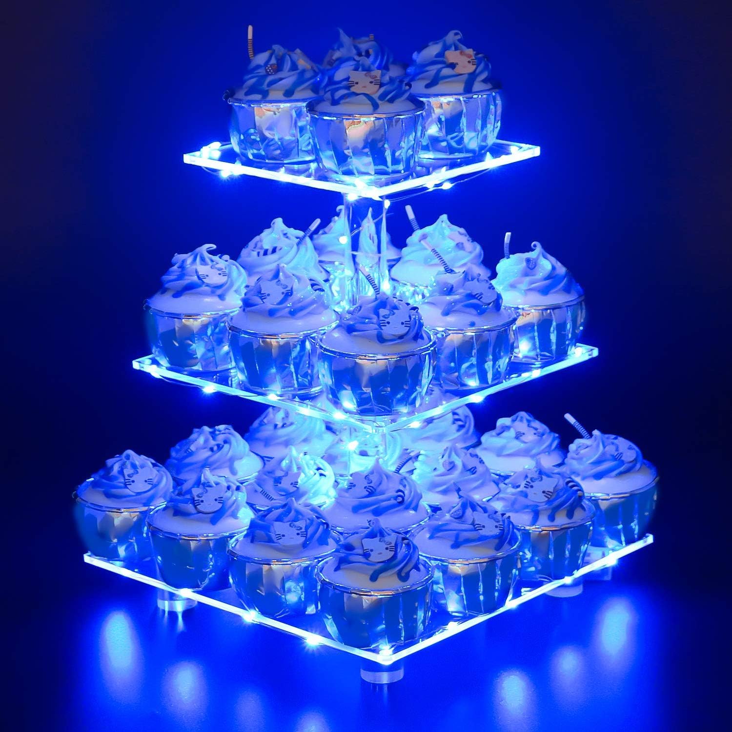 3 Pisos Soporte Cupcakes, Cupcake Stand Plaza de Azul + Luz de Cuerda LED Amarilla, Pasteles de Postre Soporte para Cumpleaños, Boda, Graduación, Aniversario & Decoración de Fiesta