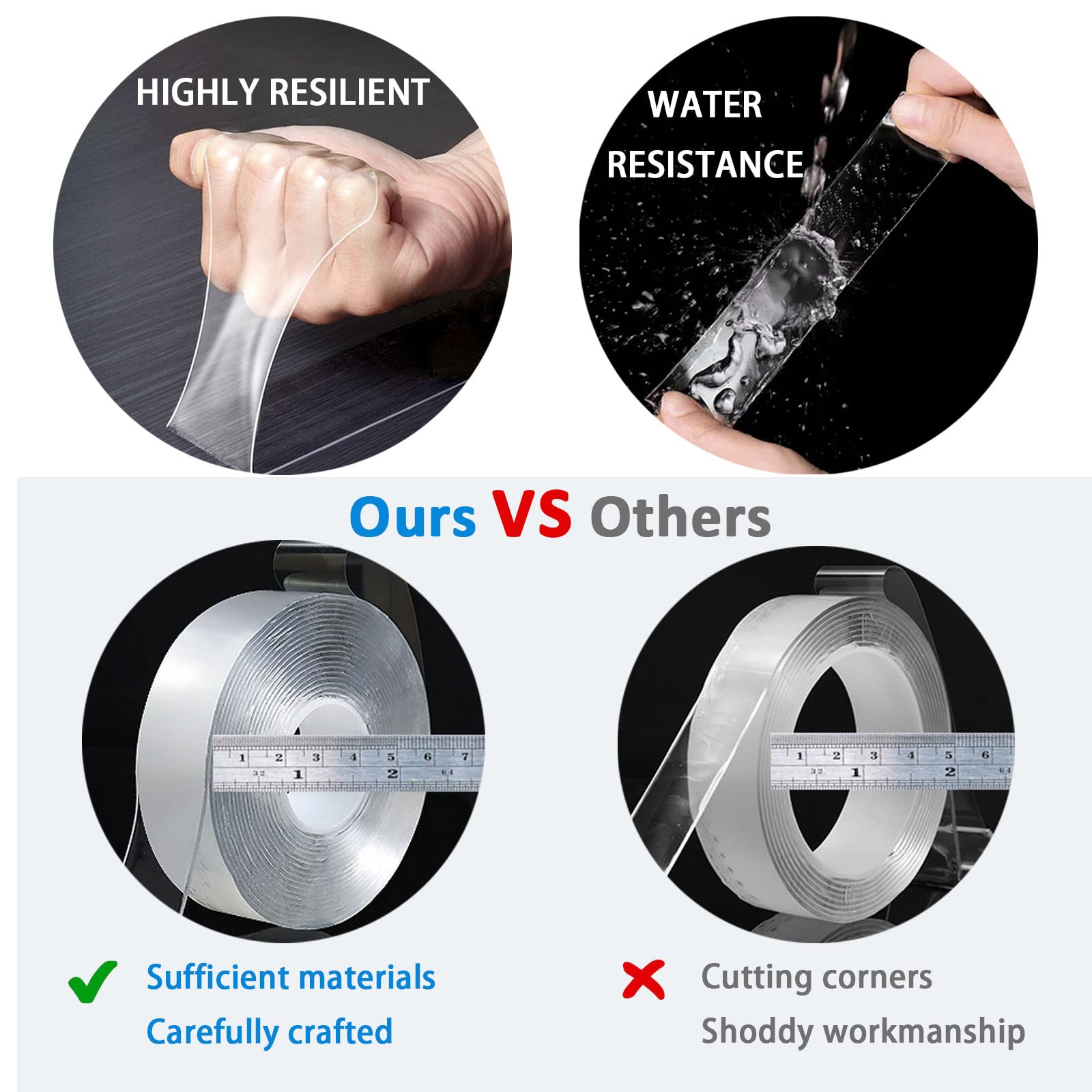 Qucyy Ruban Adhésif Double Face Ruban Adhésif Double Face Nano Extra Fort Ruban Adhésif Double Face Transparent Ruban Adhésif Lavable Amovible Pour Tapis Photo Cadre Cuisine