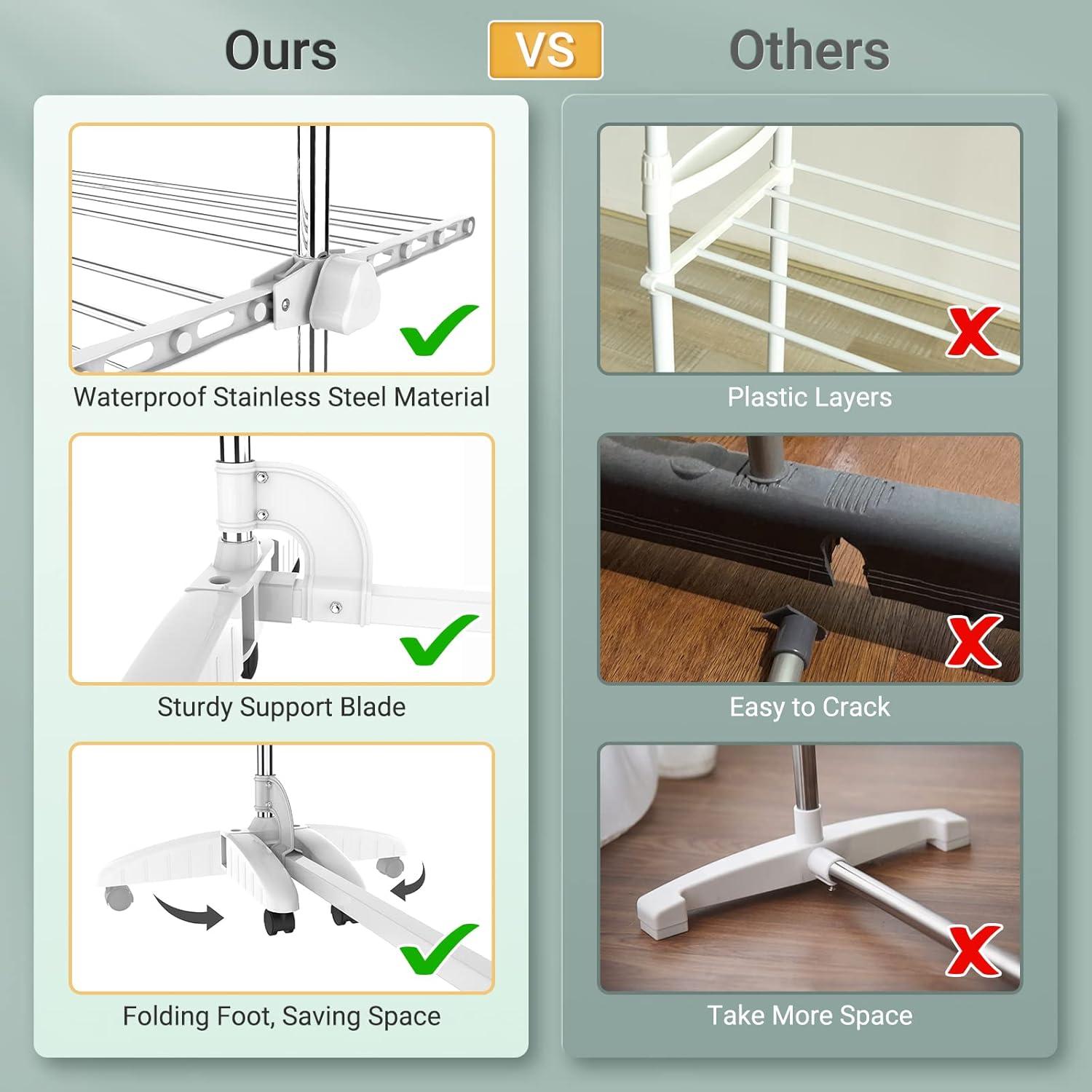 Todeco Clothes Drying Rack,4 Tier Foldable Laundry Drying Rack with Extended Top Bar,High Load Capacity Stainless Steel Space-Saving Clothes Airer with 2 Extra Adjustable Dry Rail Hanger,w/6 Casters