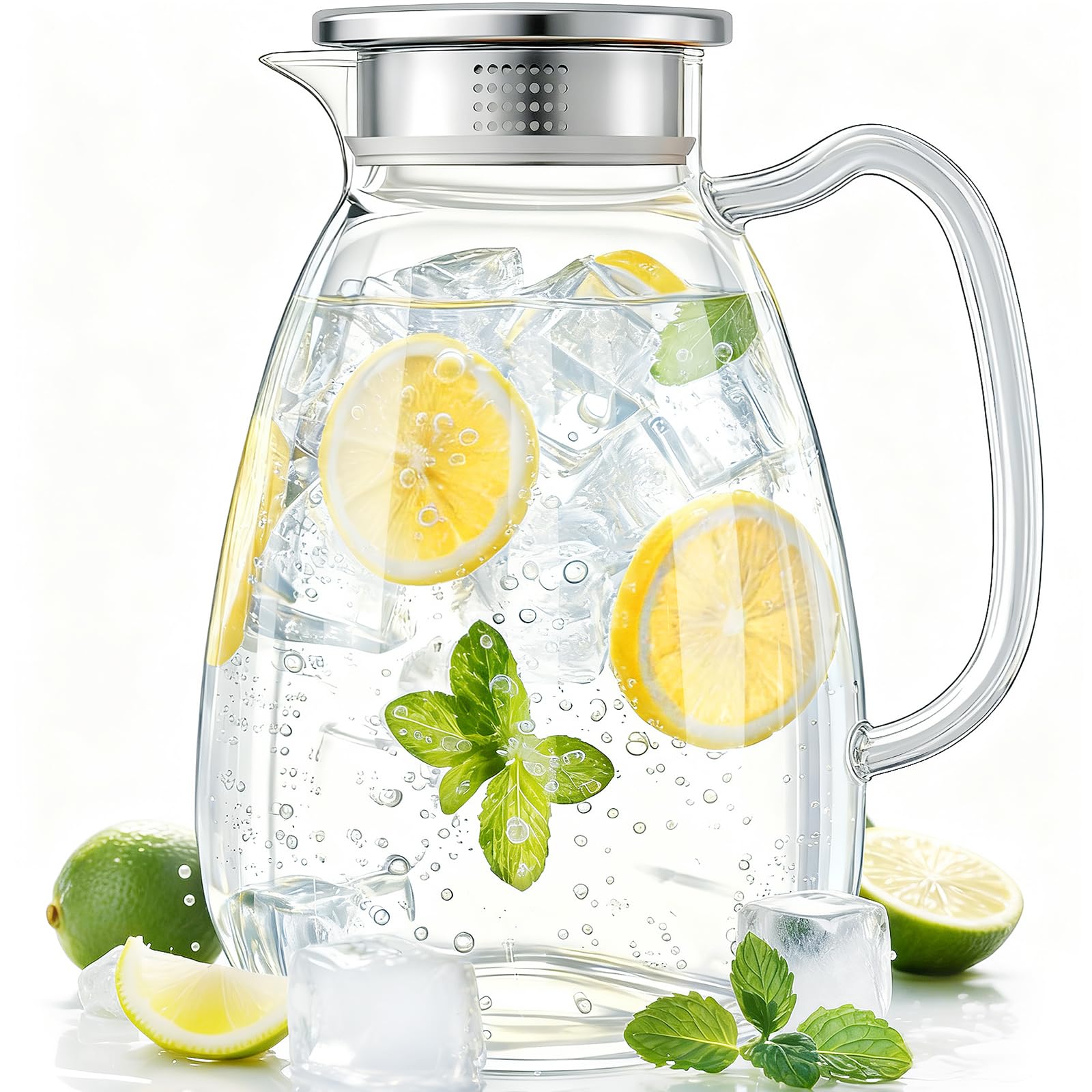 Glass Pitcher with Lid and Handle, 2.2L (74 oz) Borosilicate Glass Water Carafe, Stainless Steel...