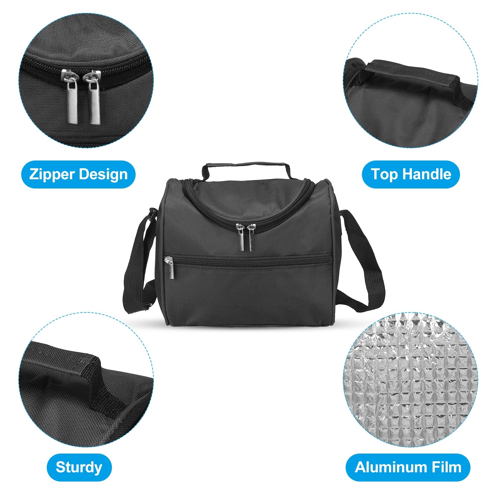 Boîte à déjeuner pour femmes/hommes, sac à déjeuner isotherme, sac fourre-tout thermique, récipient à déjeuner réutilisable 7,9 x 5,5 x 8,3 pouces pour le travail, pique-nique en plein air, noir