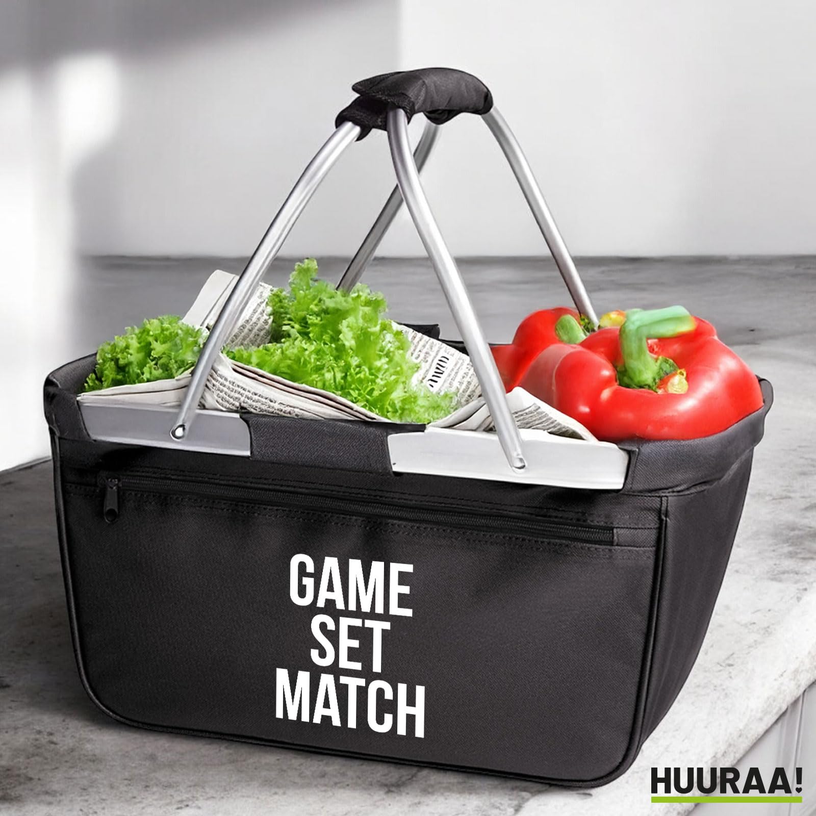 Huuraa Einkaufskorb Game set match Tennis Geschenk | 20 Liter Black faltbarer Tragekorb Geschenkidee
