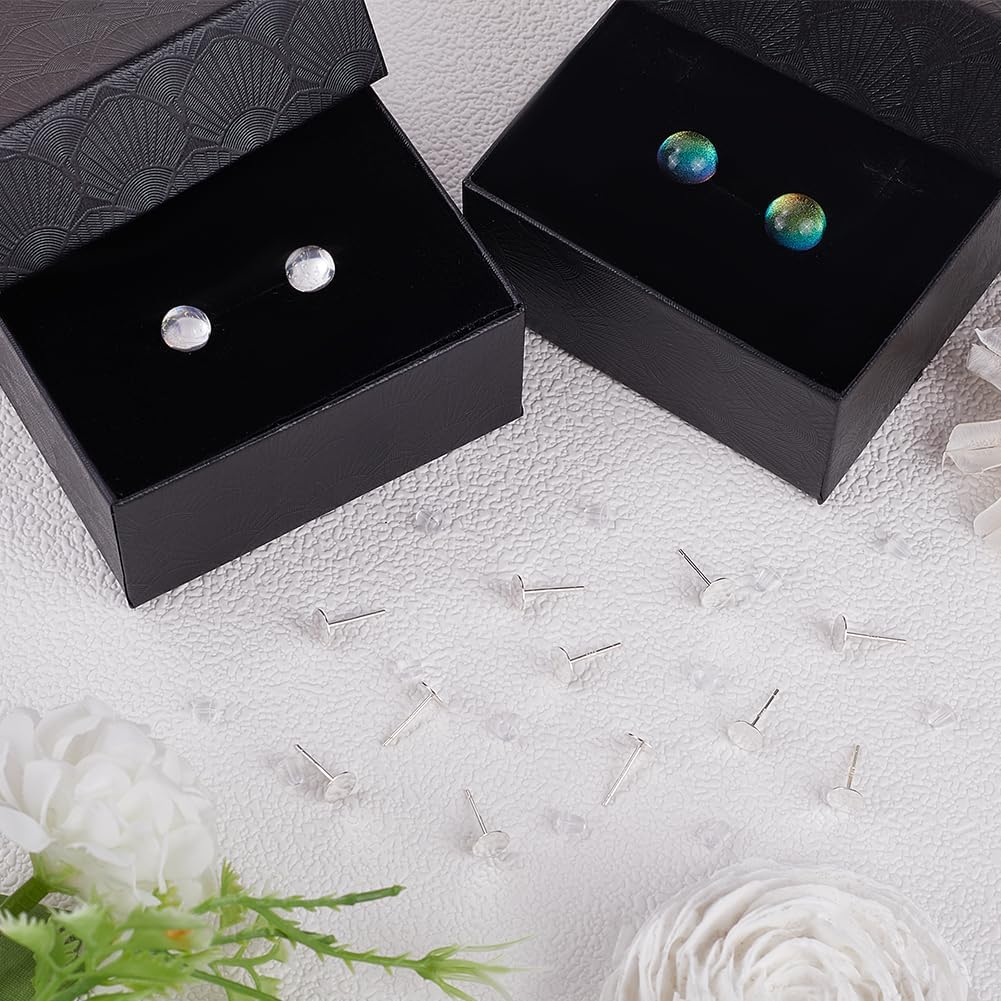Beebeecraft 1 Box 20Pcs 6mm Blank Earring Posts Flat Pad Earring Studs 925 Sterling Silver Round Cabochon Bezel Stud Earring Findings with Ear Nuts for Jewelry Making Earrings Supplies DIY Crafts