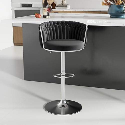 Miniatura 17 de Juego de 2 taburetes de bar dorados ABET, taburetes de bar de terciopelo giratorios, taburetes de altura ajustable con respaldo tejido, taburetes de