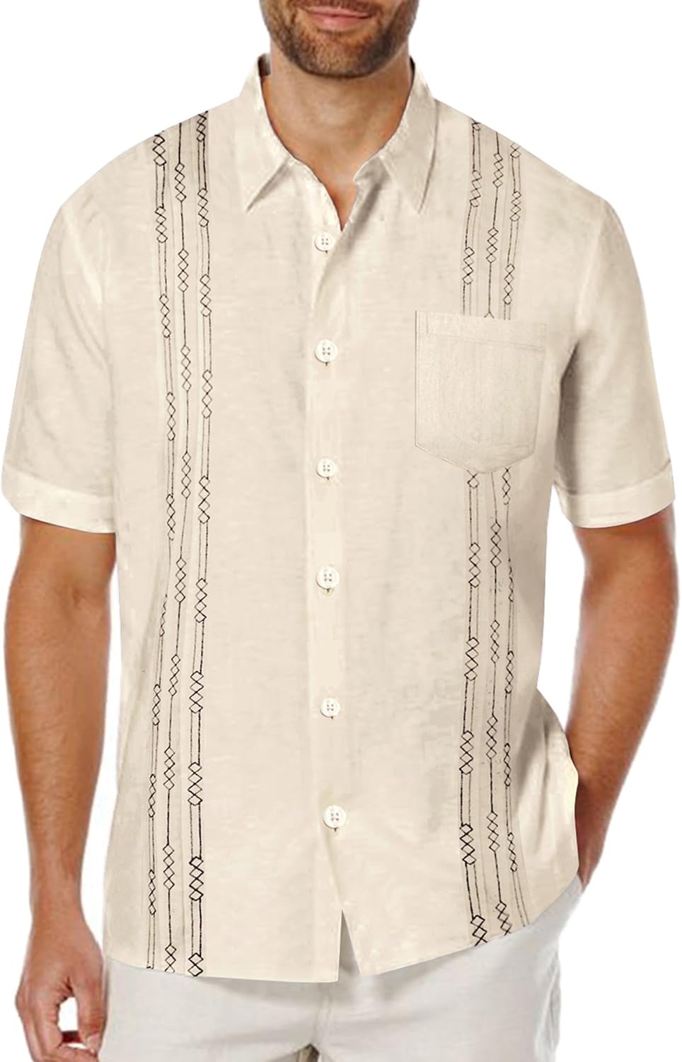 COOFANDY Mens Guayabera Short Sleeve Shirts Linen Wedding Shirt Cuban Beach Shirt Beige