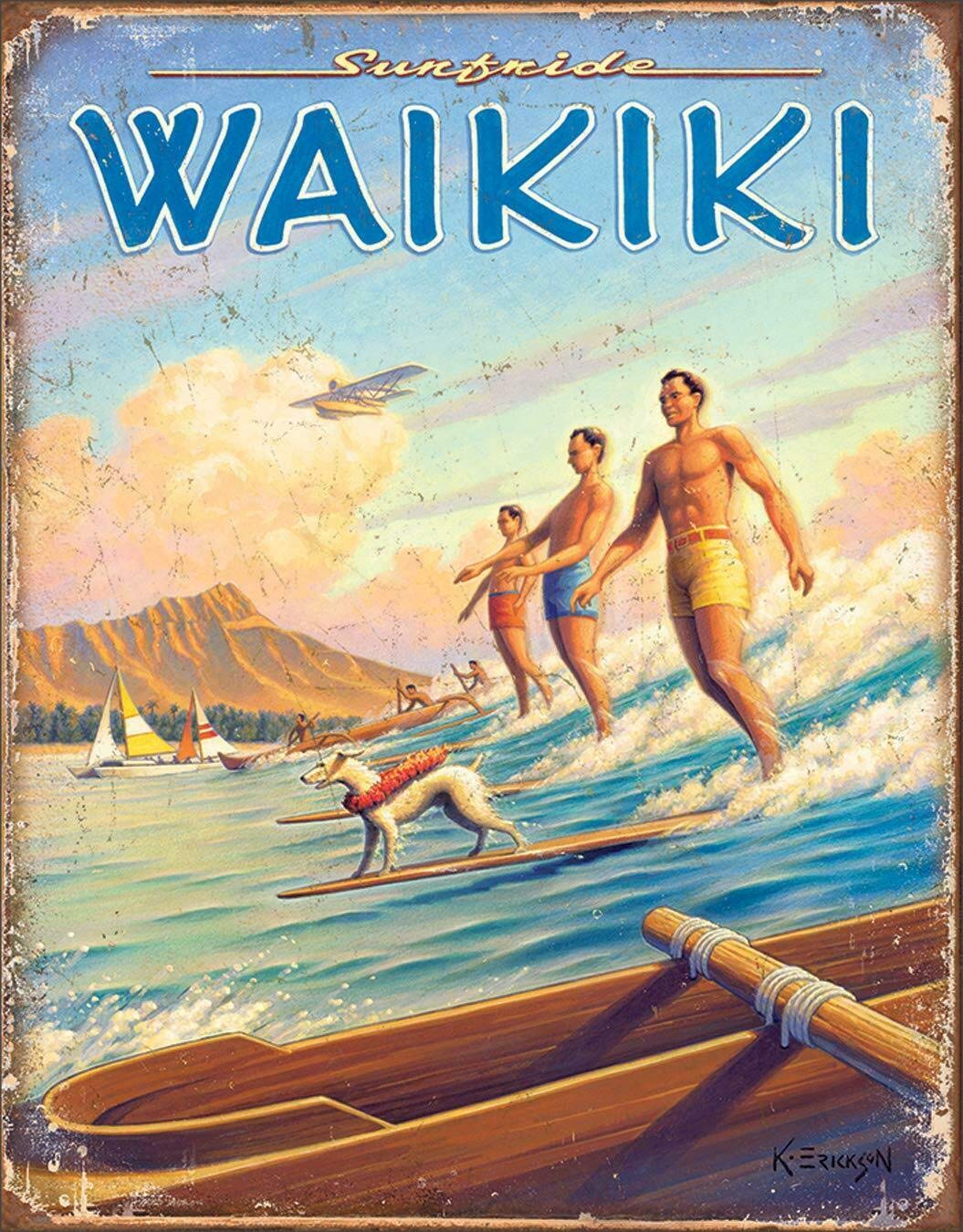 Kueprae A209 Hawaii Waikiki Long Board Surfing Surfside Retro Tin Metal Sign 8X12 Inch