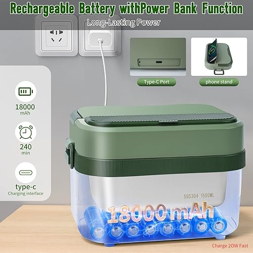 Miniatura 2 de MDHAND Lonchera térmica  Fiambrera eléctrica inalámbrica para adultos, 18000 mAh alimentada por batería, calentador de alimentos autocalentable para