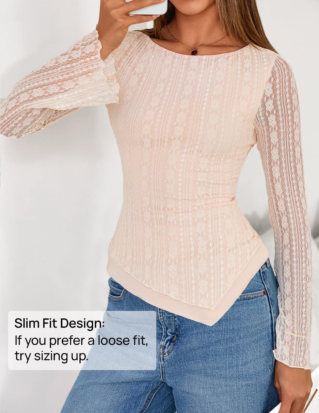 ZESICA Womens 2026 Spring Summer Lace Mesh Sleeve Tops Going Out Double Lined Slim Fit Asymmetrical Shirts Date Night Outfit - Image 4