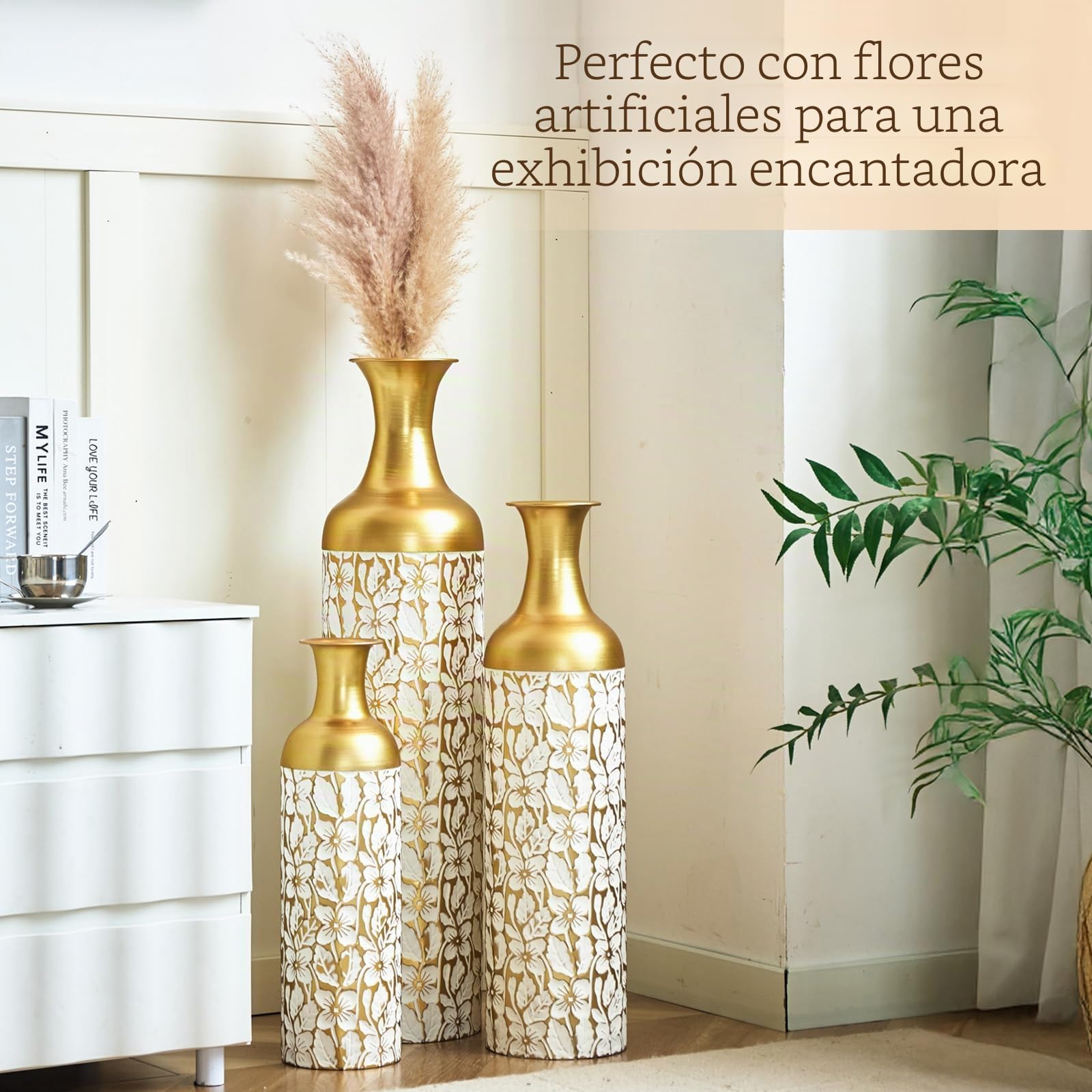 Juego de 3 jarrones de suelo de metal decorativos altos de 83/65/50 cm para hierba de Pampas, flores secas y decoración moderna de salón, pasillo y dormitorio, jarrones grandes con diseño atemporal