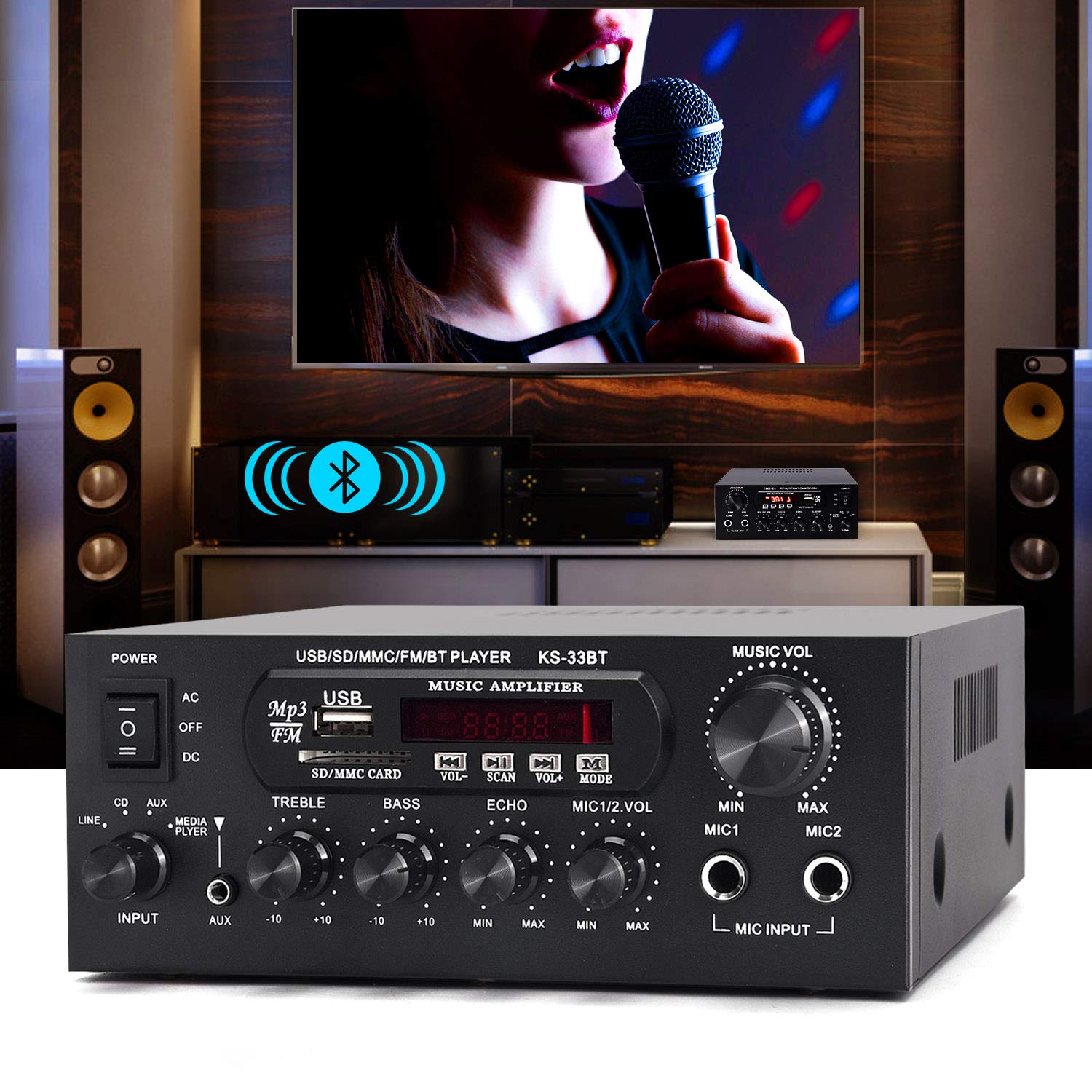 Facmogu 33BT amplifier connected via Bluetooth to a smartphone, playing music through speakers