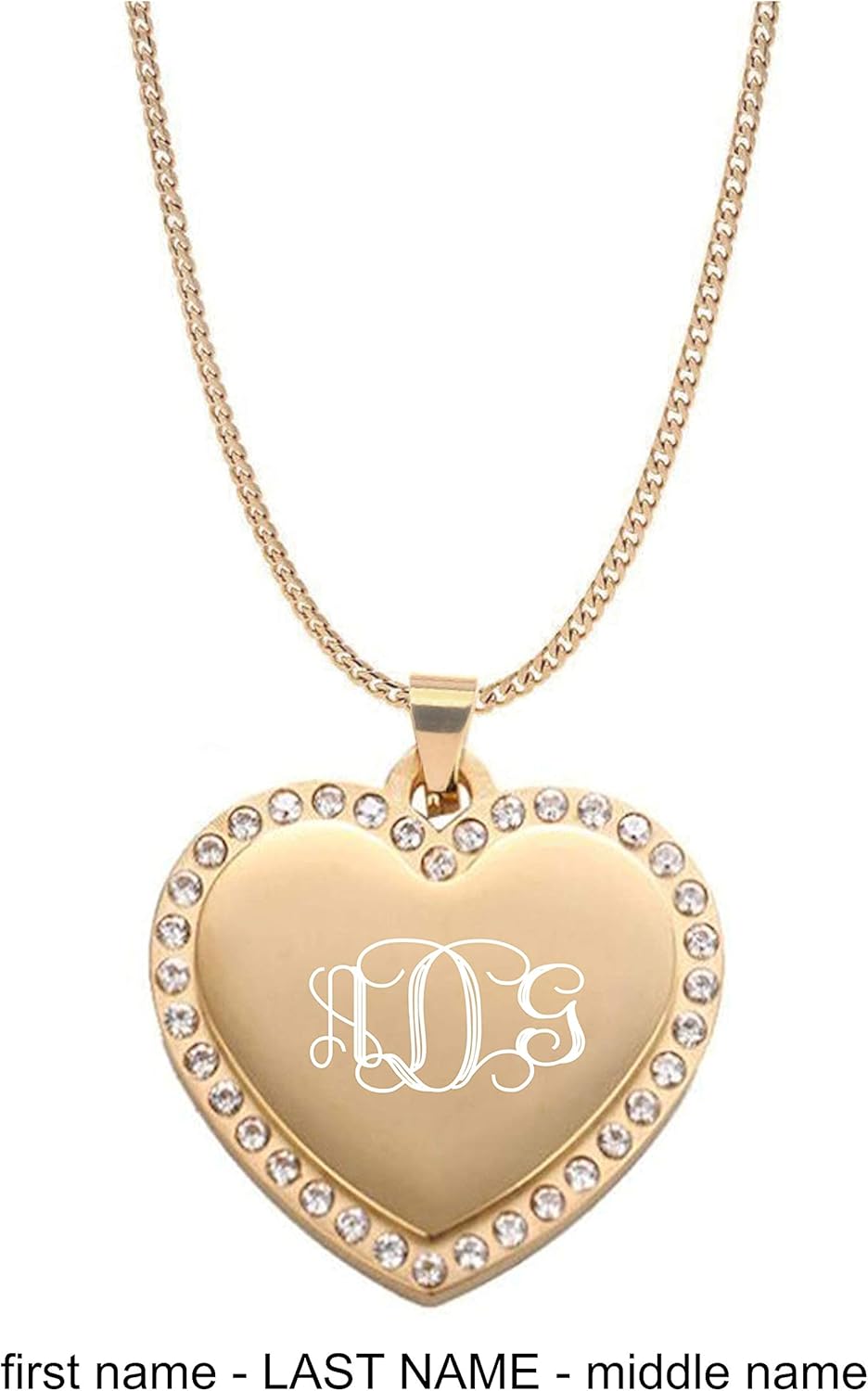 Personalized Gold Rhinestone Heart Necklace – Custom Engraved Small Pendant Jewelry, Free Engraving - Ships from USA