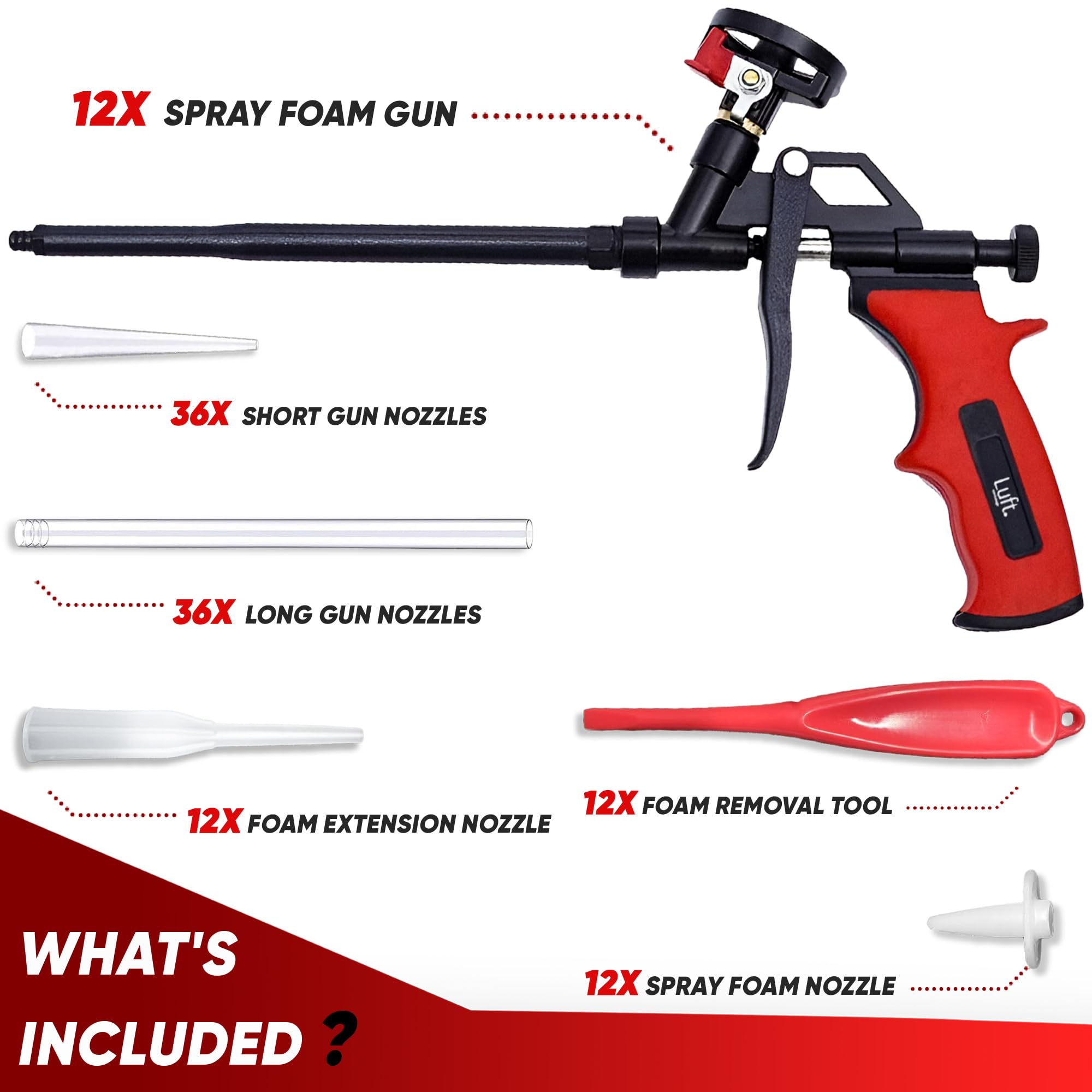 Luft profesjonalny pistolet natryskowy z pianki (12 pistoletów izolacyjnych + 36 przedłużaczy), aplikator izolacyjny PU, wytrzymały metalowy pistolet do dozowania korpusu, nadaje się do uszczelniania