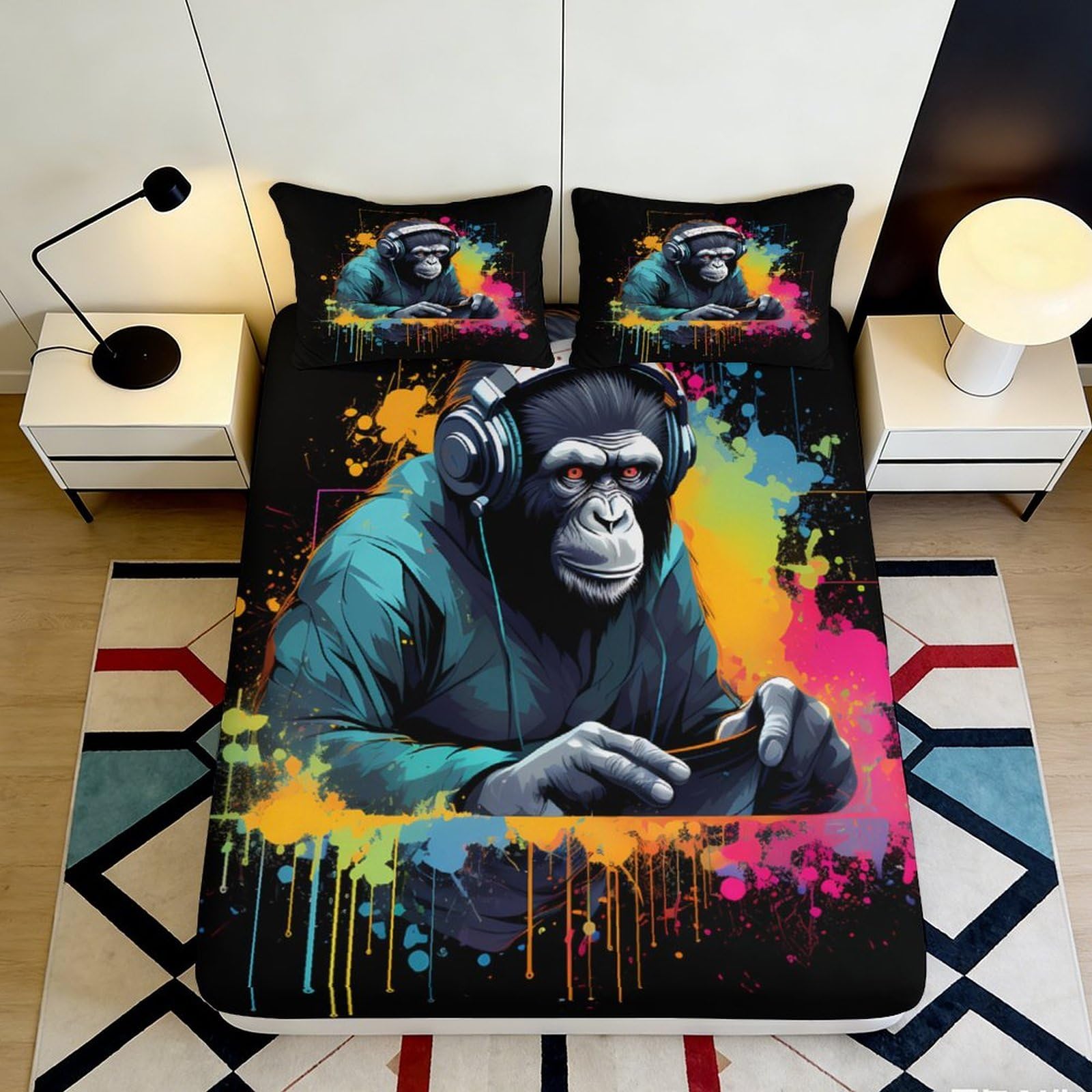 3D Printed Funky DJ Monkey Fitted Sheet Microfiber Colourful Graffiti Bed Cover for Bedroom Dorm Mattress Protection Decor 90x200x25cm
