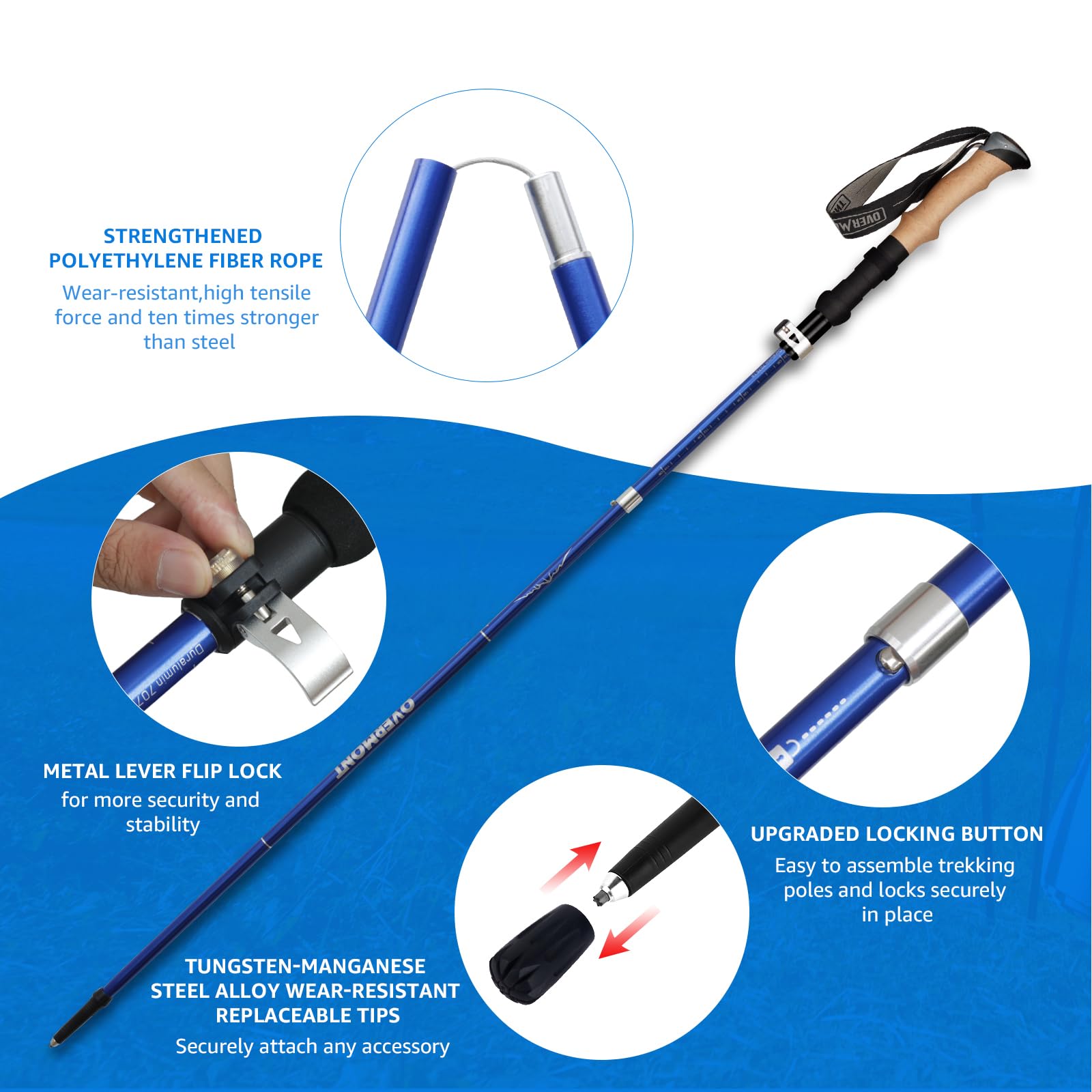 Overmont Bastoni da trekking pieghevoli, in alluminio, ultraleggeri, regolabili, 105-125 cm, bastoncini da trekking, 1 paio con accessori per tutto il terrain