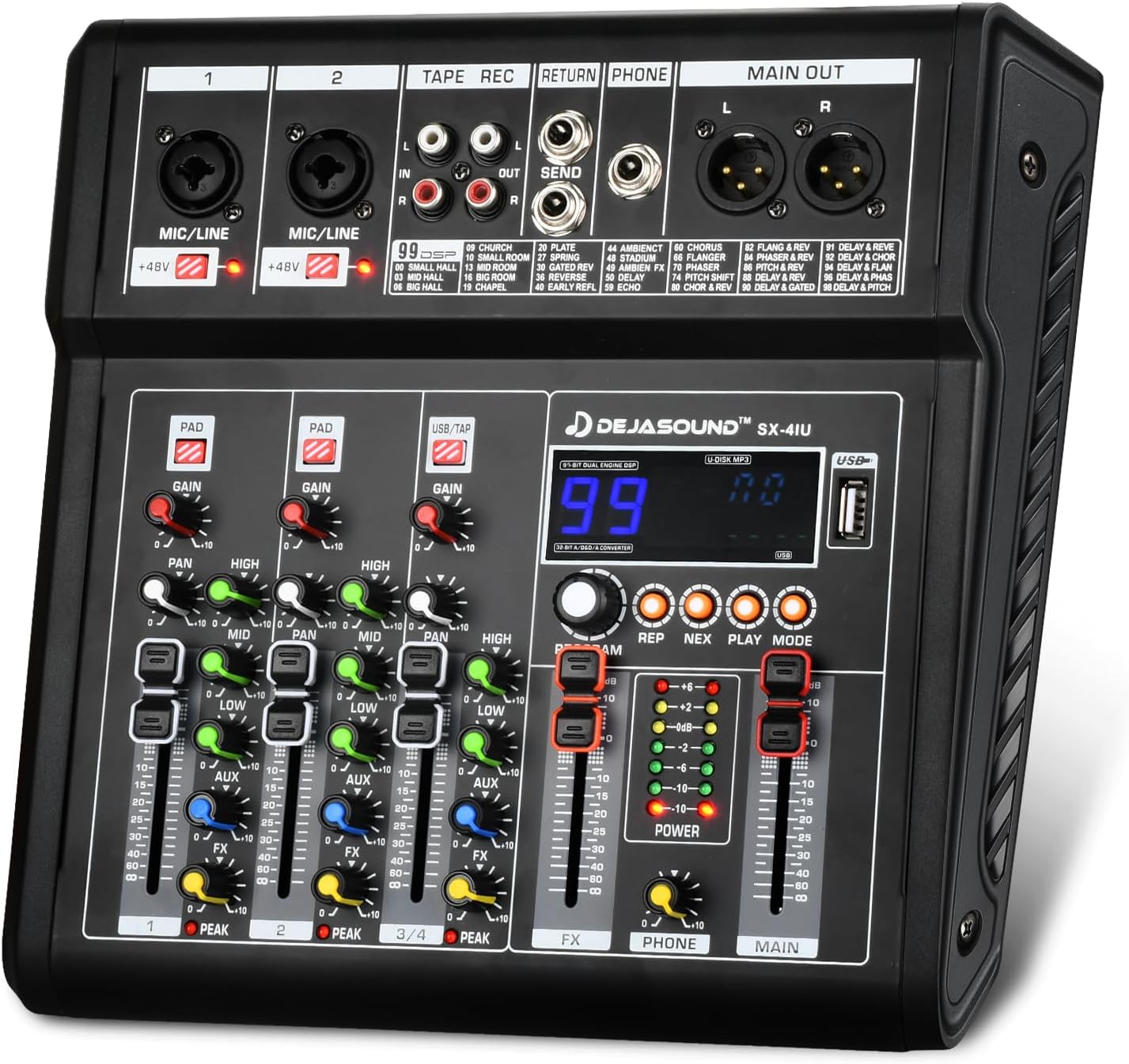 4-Channel Audio Mixer for PC, SX-4iu Mixing Console with XLR Inputs, Bluetooth, 99 Digital Signal Processor Effects, USB Interface, MP3 Compatible for Podcast, Music, Recording 9.84″x2.17″x9.84″inches