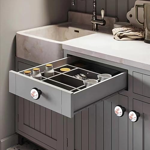 Miniatura 3 de Paquete de 6 tiradores negros para cajones, cerezo Sakura oriental en flor para gabinete, pomos de cristal para tocador de cocina y baño